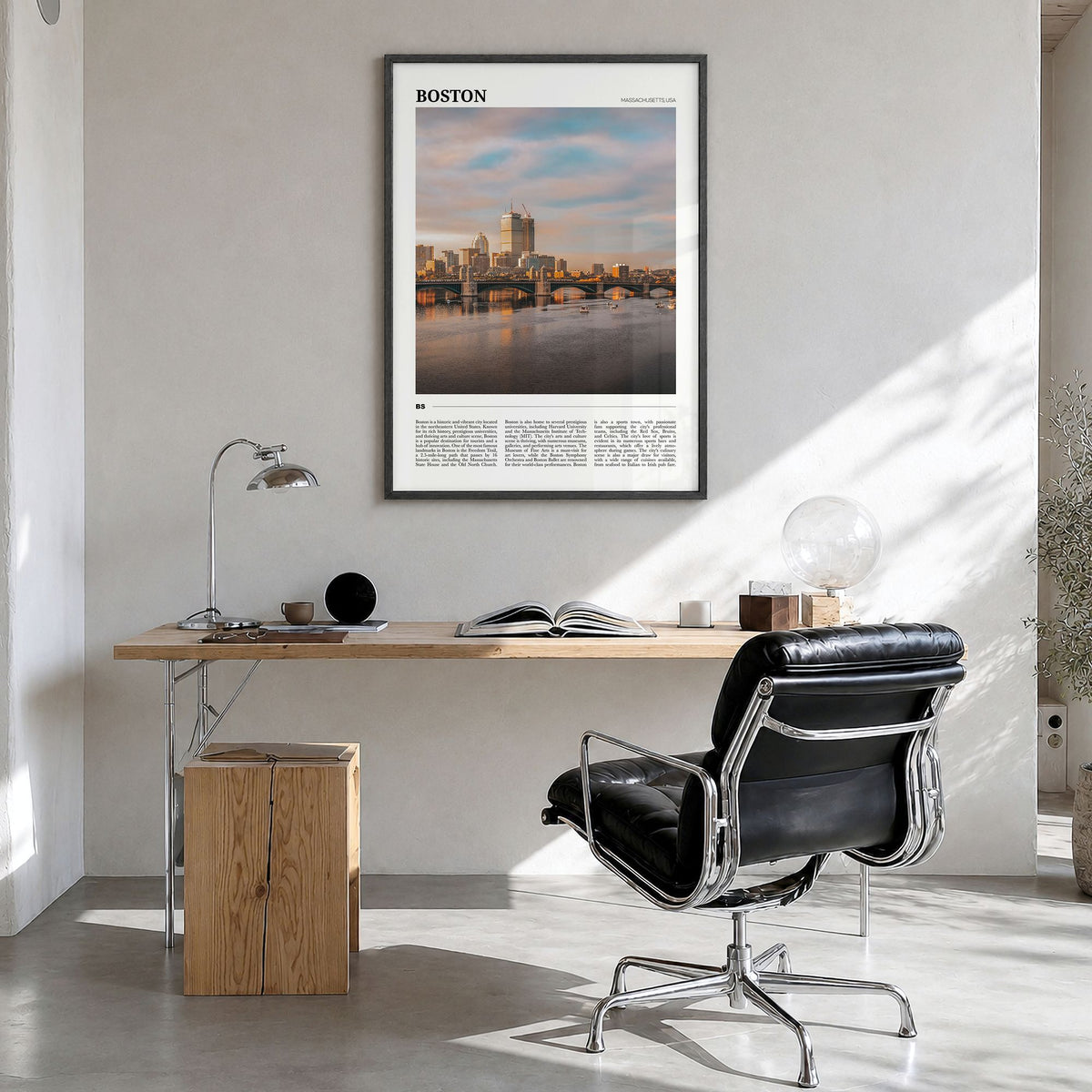 Boston Travel No 2 Poster in a black wood frame, hanging in a bright home office