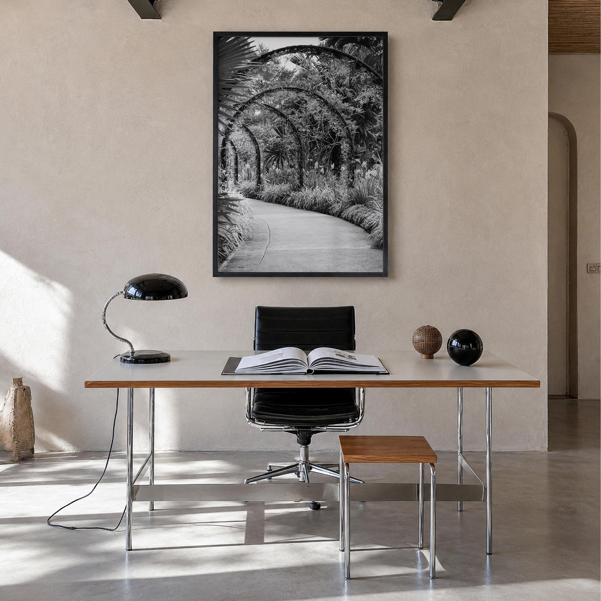 Botanical Garden no. 2 black & white photo poster – vertical wall art in black wood frame, hanging on wall