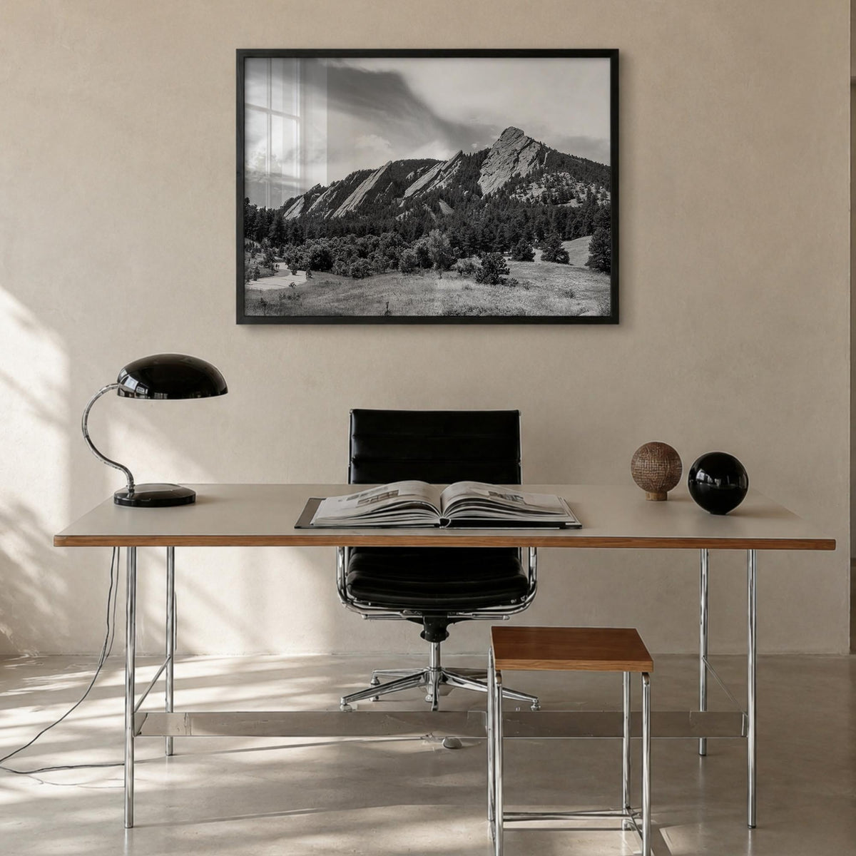 Boulder black & white photo poster of Colorado, USA – horizontal wall art in black wood frame, hanging on wall