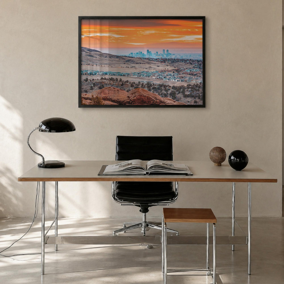 Boulder colorful photo poster of Colorado, USA – horizontal wall art in black wood frame, hanging on wall