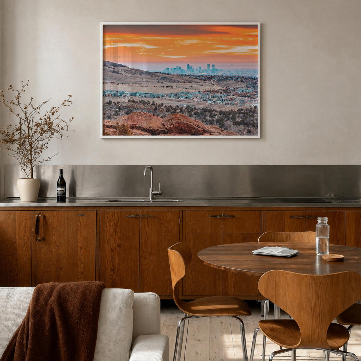 Boulder colorful photo poster of Colorado, USA – horizontal wall art in white wood frame, hanging on wall