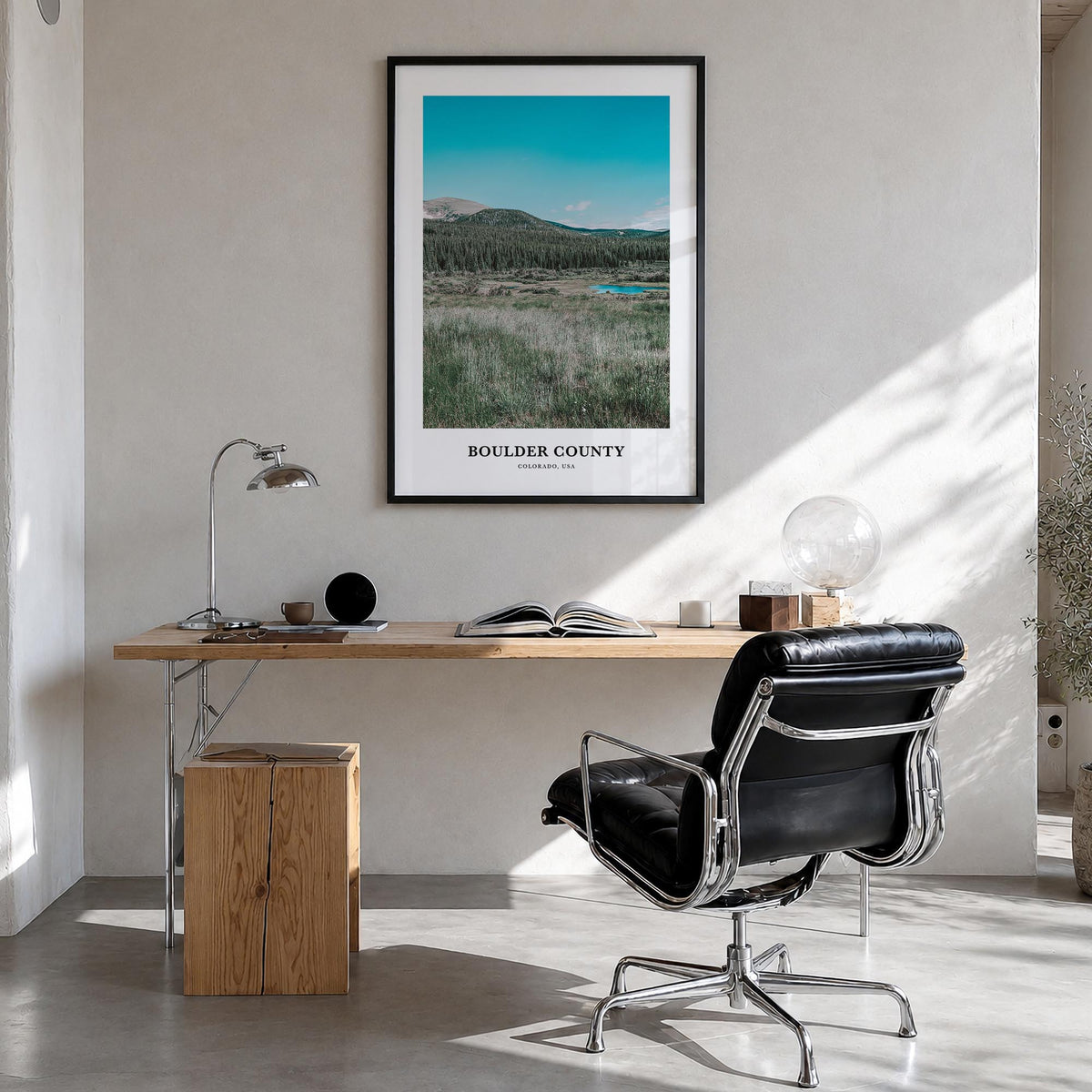 Boulder County colorful classic poster of Colorado, USA – vertical wall art in black wood frame, hanging on wall