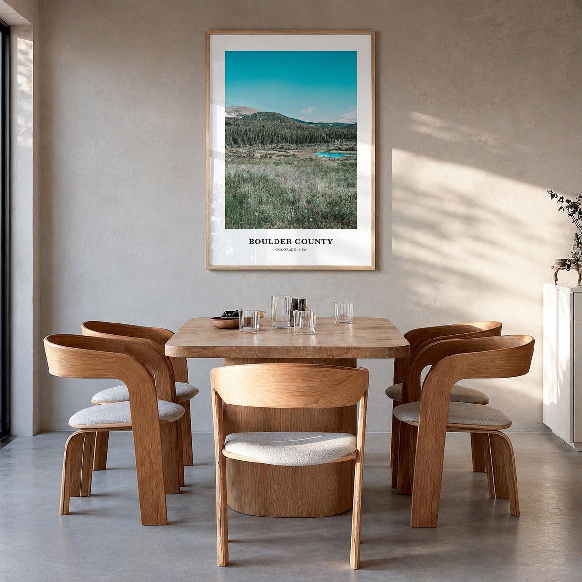 Boulder County colorful classic poster of Colorado, USA – vertical wall art in natural wood frame, hanging on wall