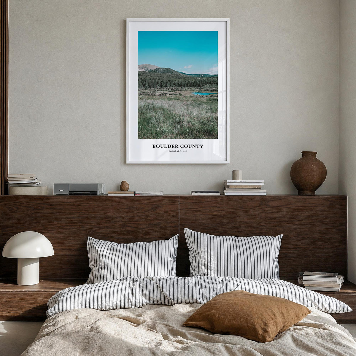 Boulder County colorful classic poster of Colorado, USA – vertical wall art in white wood frame, hanging on wall