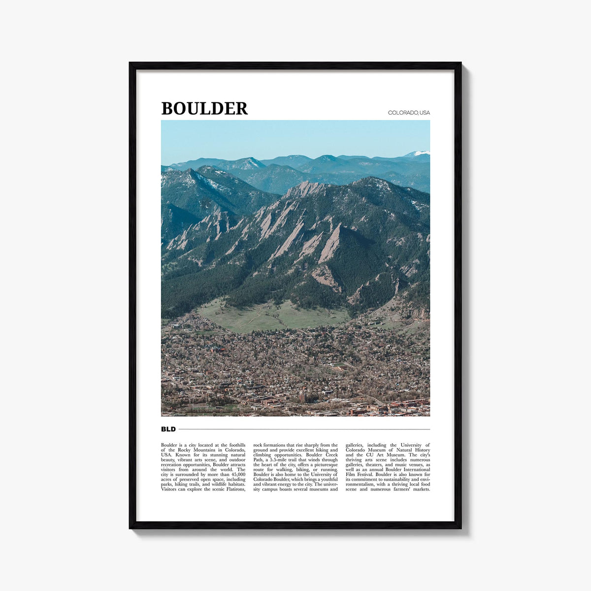 Boulder no. 1 colorful travel poster of Colorado, USA – vertical wall art, unframed print shown in interior mockup