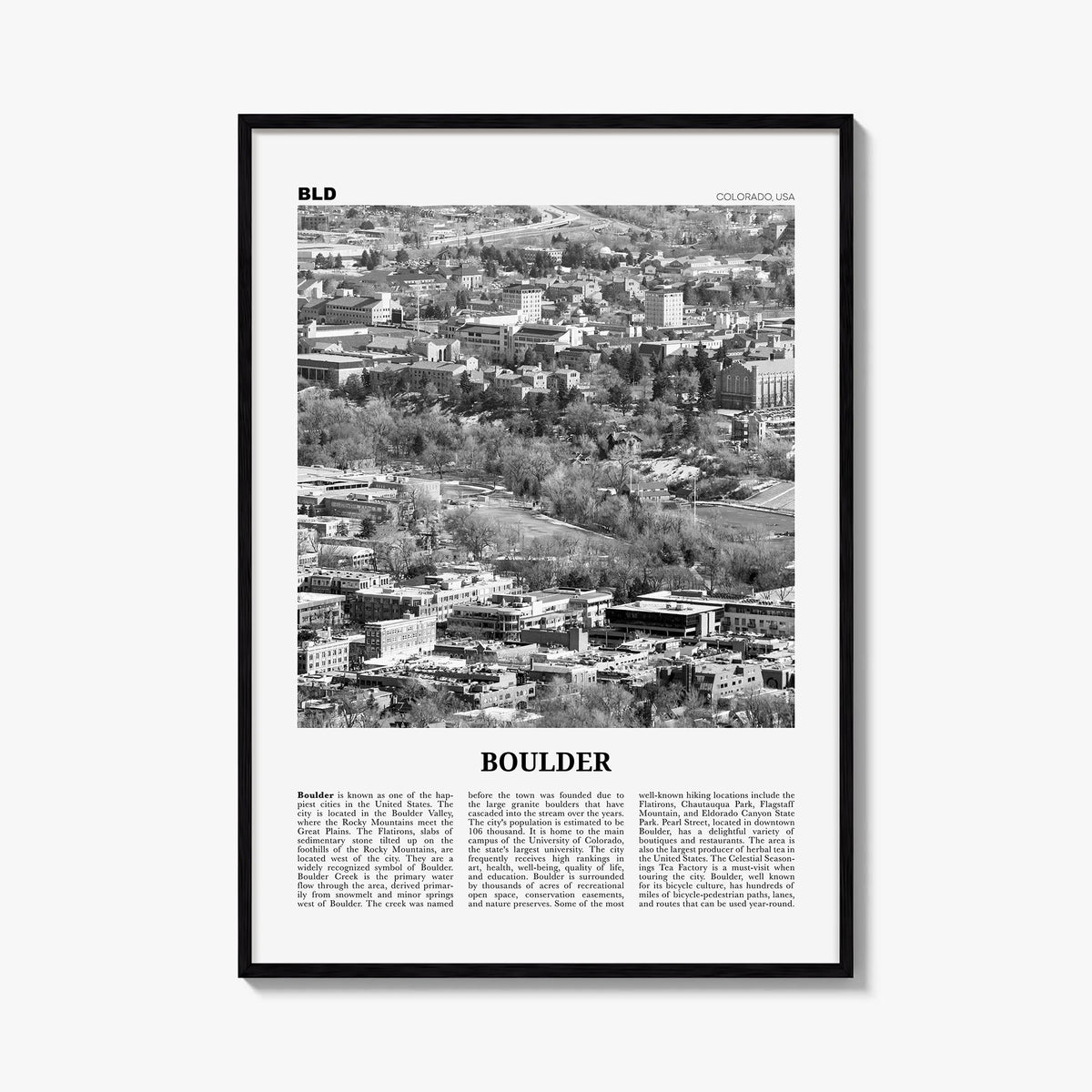 Boulder no. 2 black & white newspaper poster of Colorado, USA – vertical wall art, unframed print shown in interior mockup