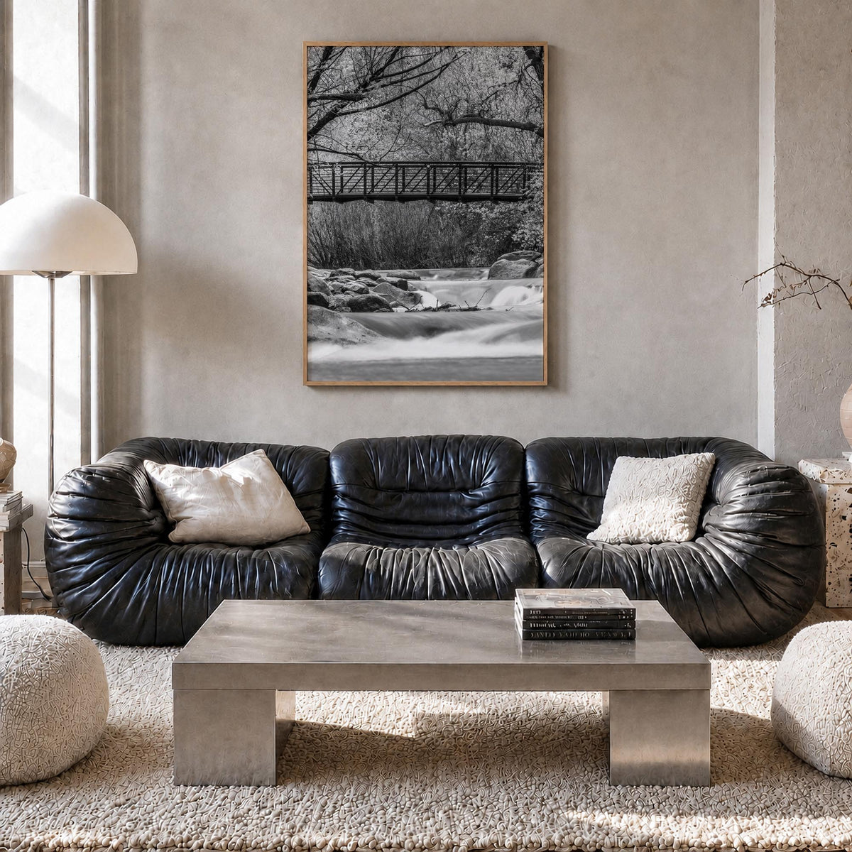 Boulder no. 2 black & white photo poster of Colorado, USA – vertical wall art in natural wood frame, hanging on wall