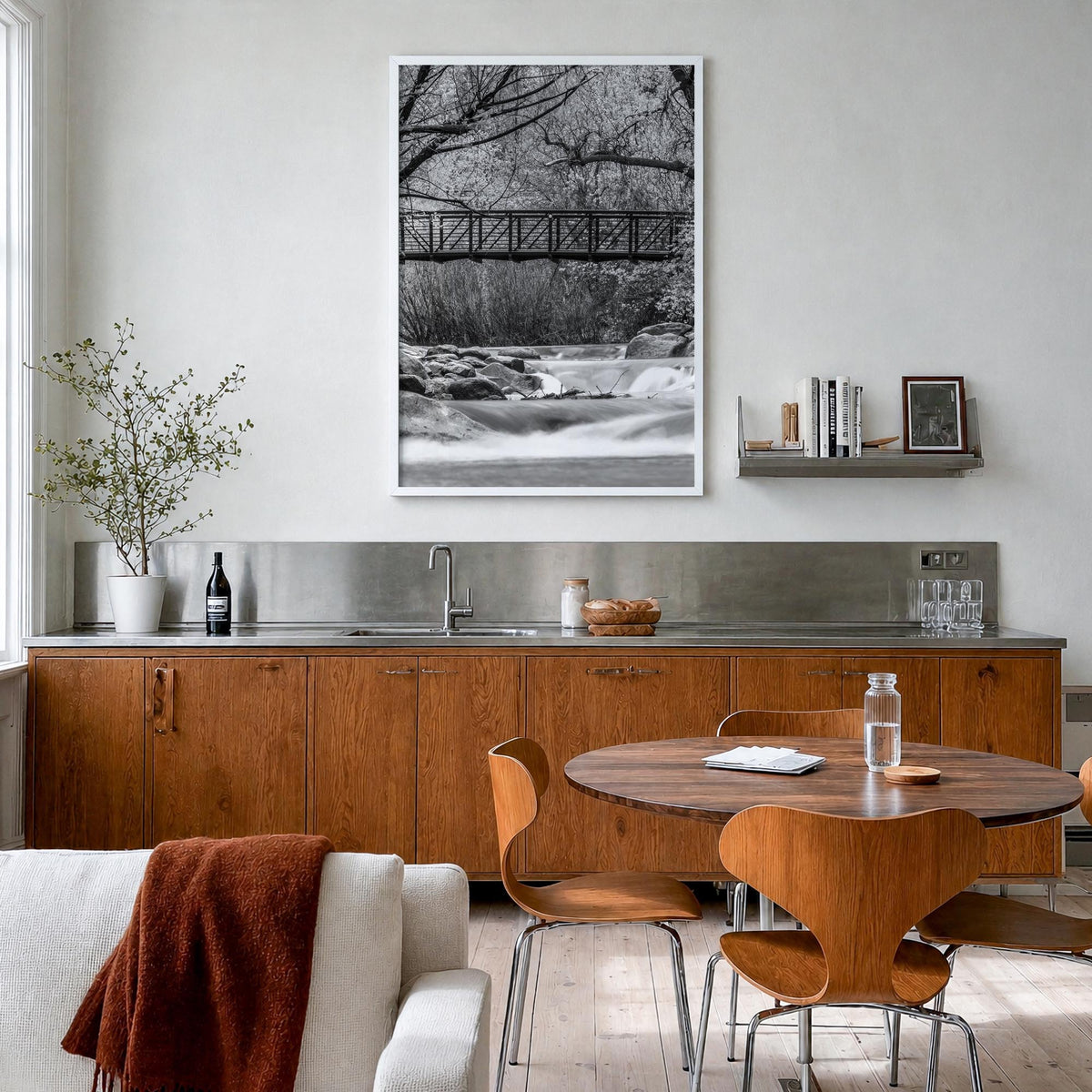 Boulder no. 2 black & white photo poster of Colorado, USA – vertical wall art in white wood frame, hanging on wall