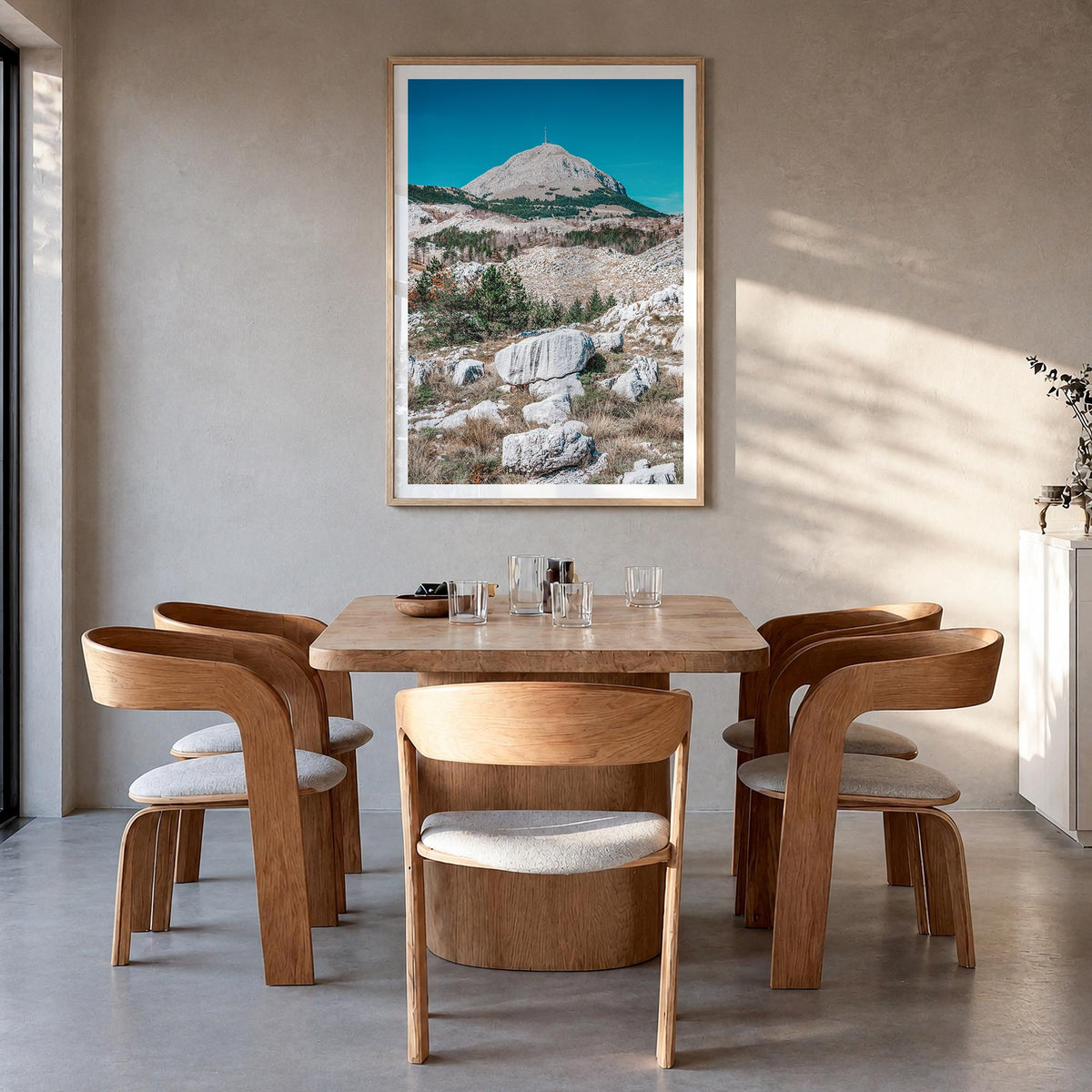 Boulder no. 2 colorful photo poster of Colorado, USA – vertical wall art in natural wood frame with white border, hanging on
