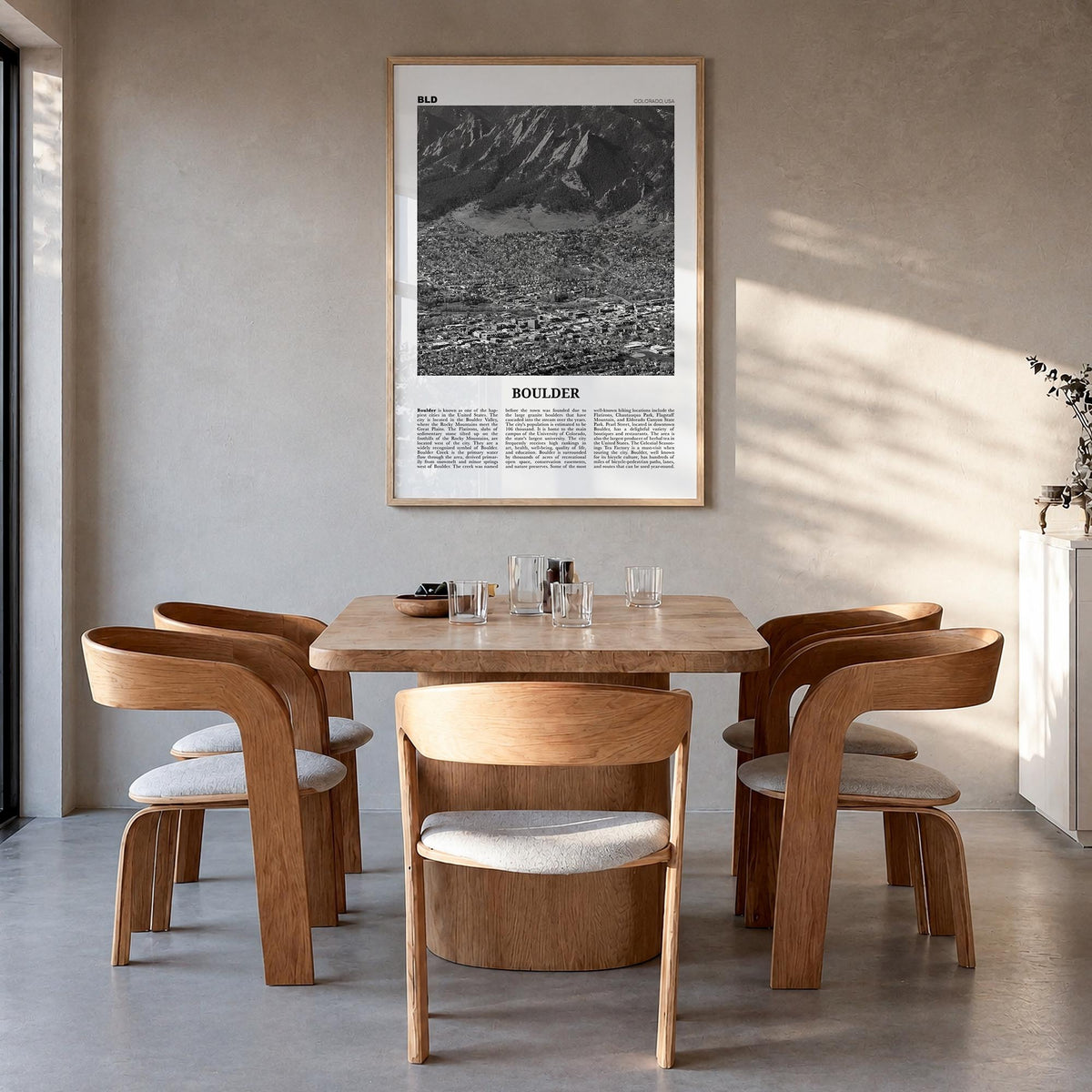 Boulder no. 3 black & white newspaper poster of Colorado, USA – vertical wall art in natural wood frame, hanging on wall