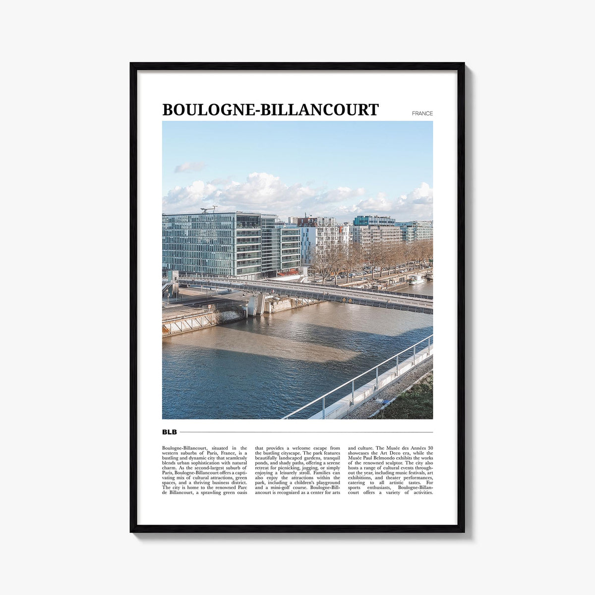 Boulogne-Billancourt colorful travel poster of France – vertical wall art, unframed print shown in interior mockup