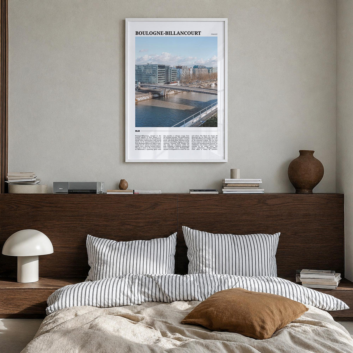 Boulogne-Billancourt colorful travel poster of France – vertical wall art in white wood frame, hanging on wall