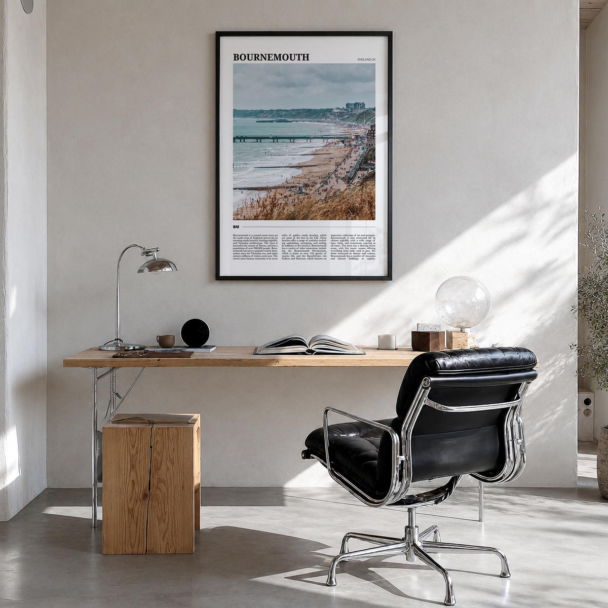 Bournemouth colorful travel poster of England, UK – vertical wall art in black wood frame, hanging on wall