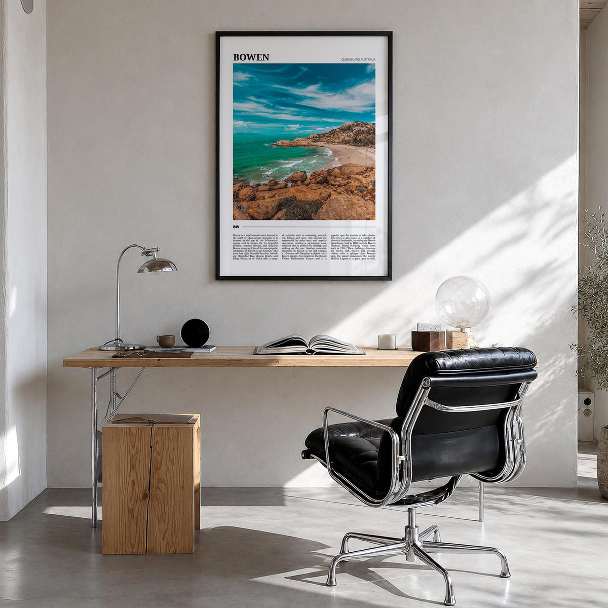 Bowen colorful travel poster of Australia – vertical wall art in black wood frame, hanging on wall