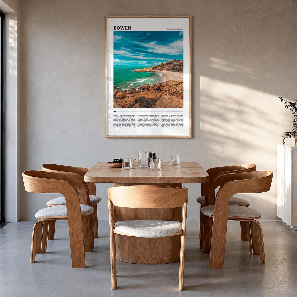 Bowen colorful travel poster of Australia – vertical wall art in natural wood frame, hanging on wall