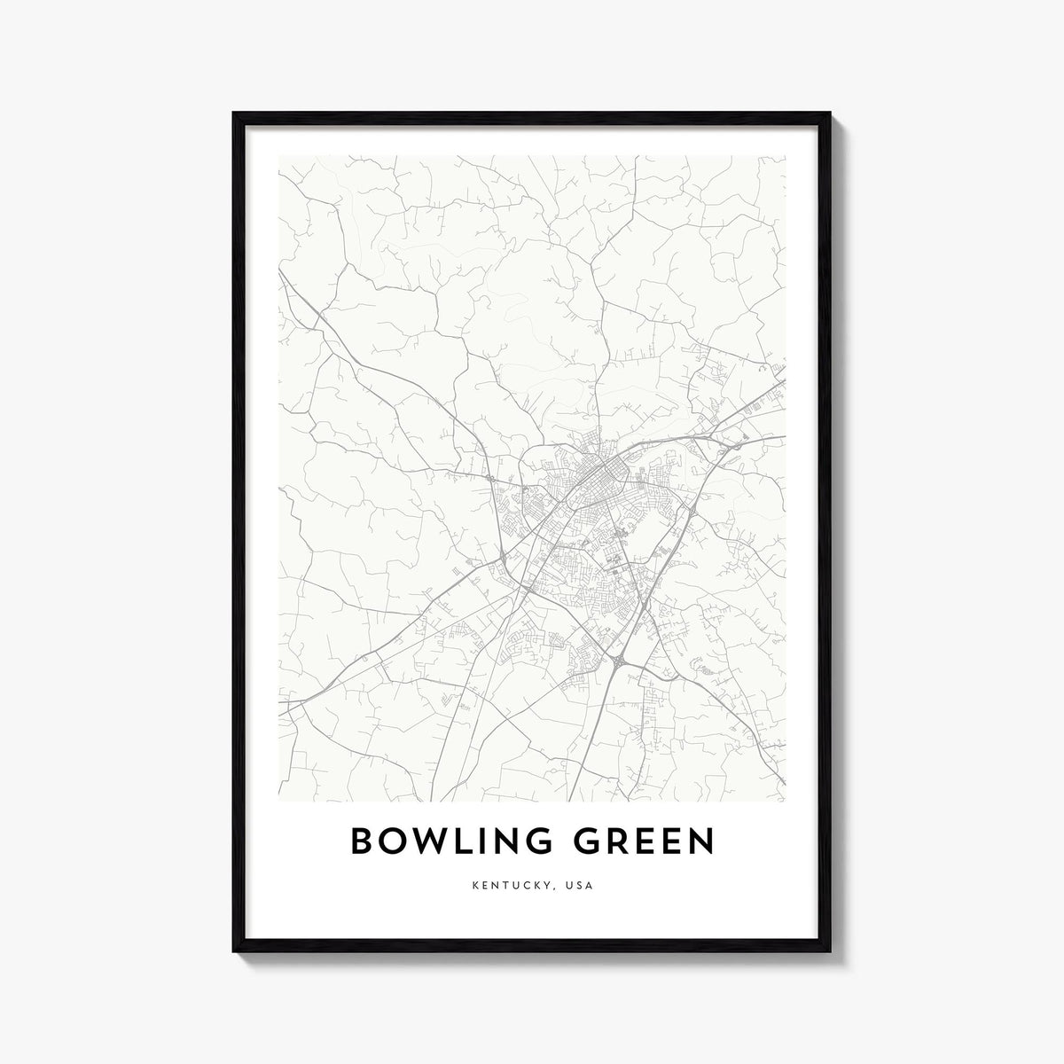 Bowling Green, Kentucky black & white map poster of Kentucky, USA – vertical wall art, unframed print shown in interior mocku