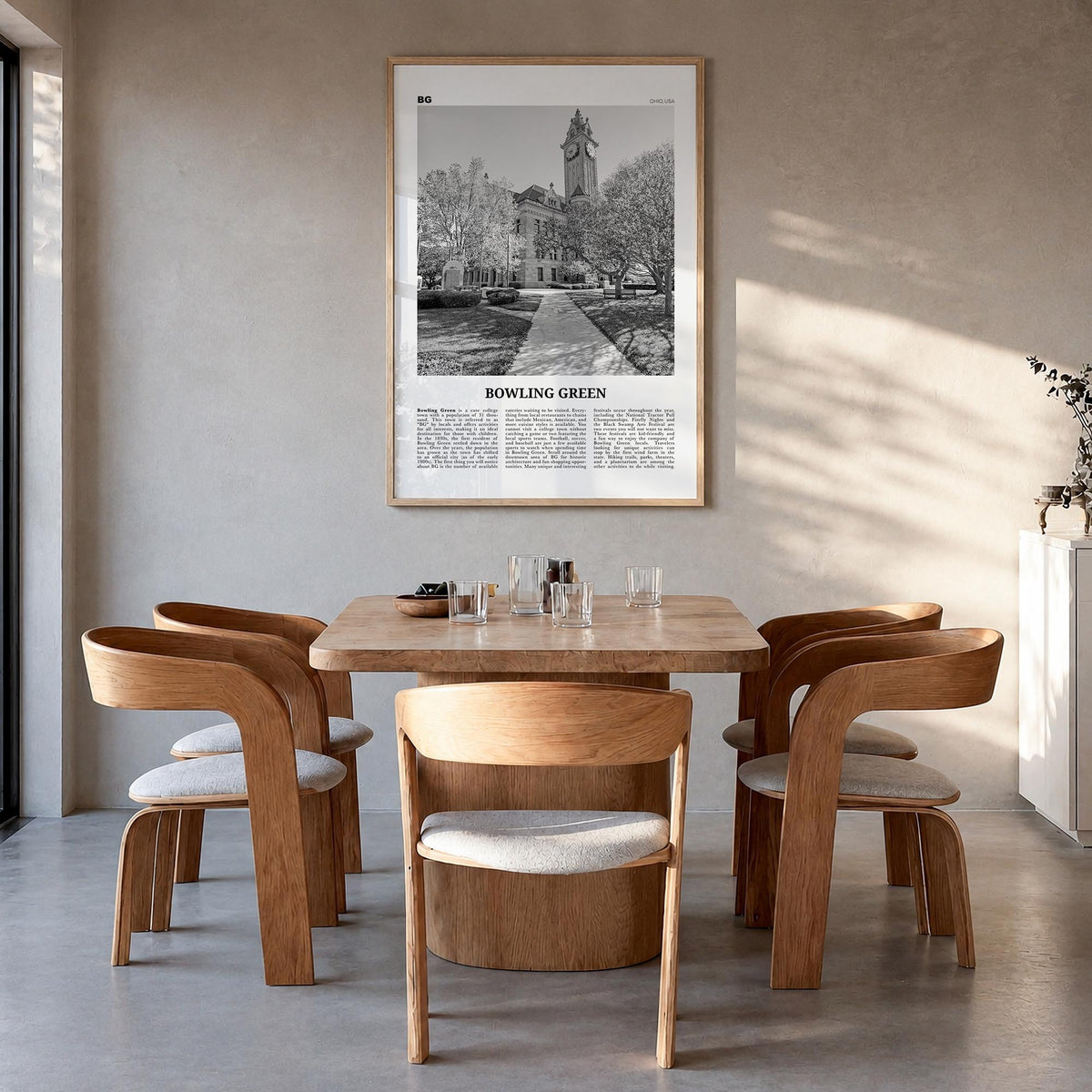 Bowling Green, Ohio black & white newspaper poster of Ohio, USA – vertical wall art in natural wood frame, hanging on wall