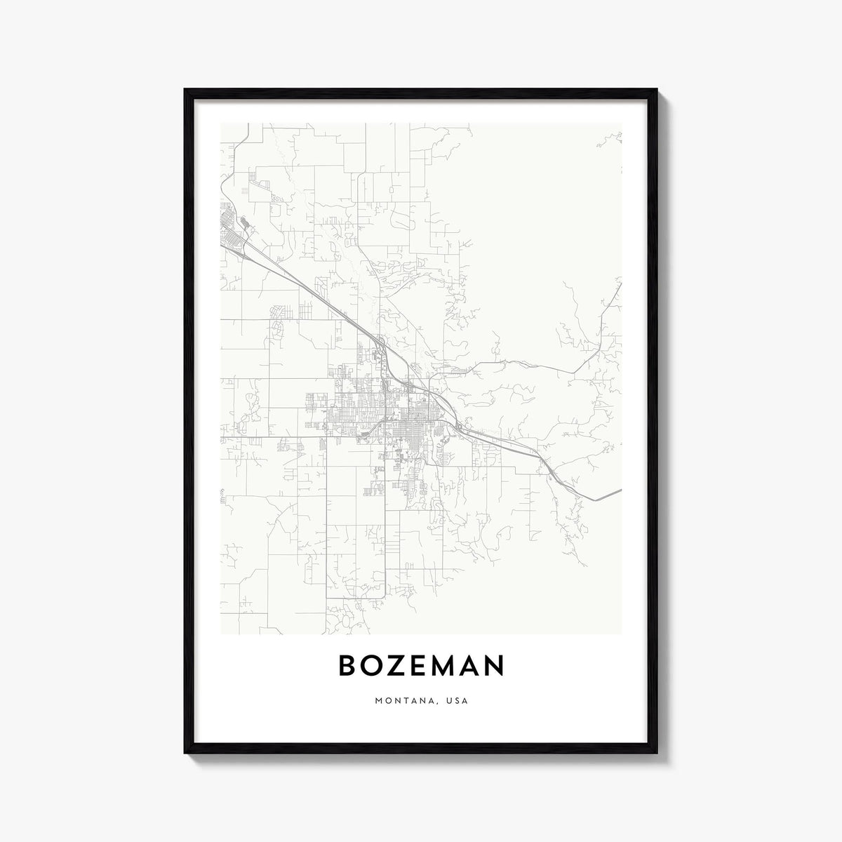 Bozeman black & white map poster of Montana, USA – vertical wall art, unframed print shown in interior mockup