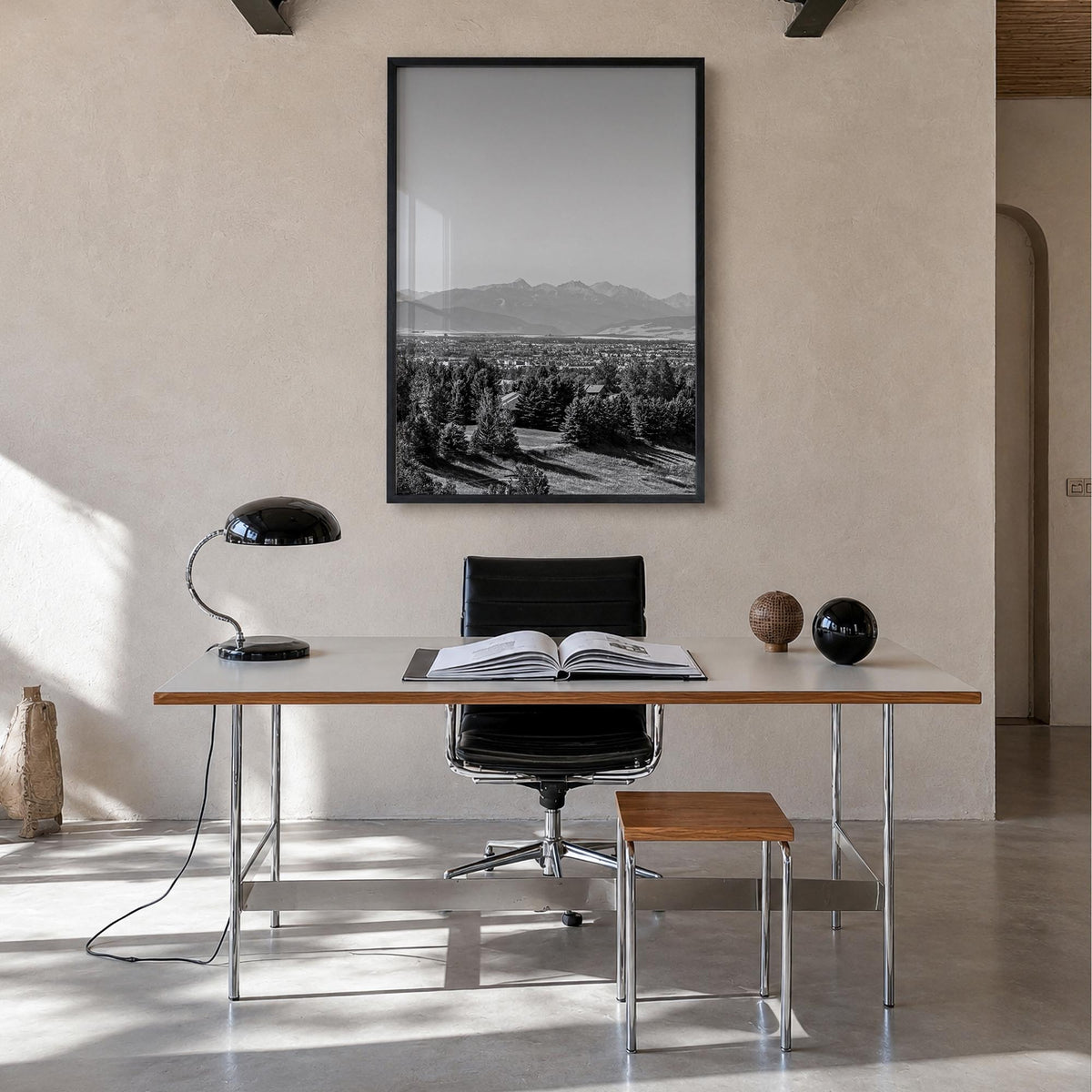 Bozeman black & white photo poster of Montana, USA – vertical wall art in black wood frame, hanging on wall