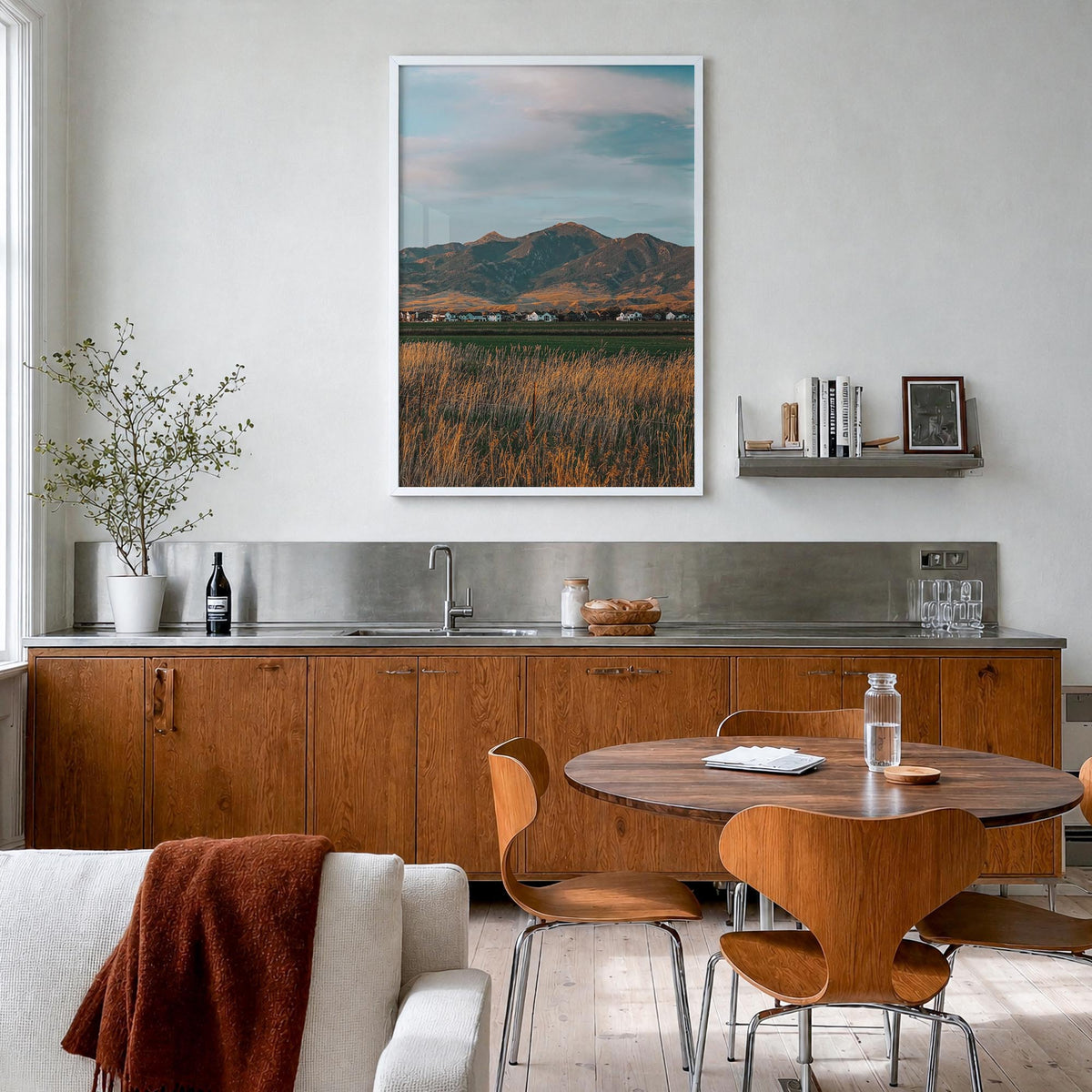 Bozeman colorful photo poster of Montana, USA – vertical wall art in white wood frame, hanging on wall