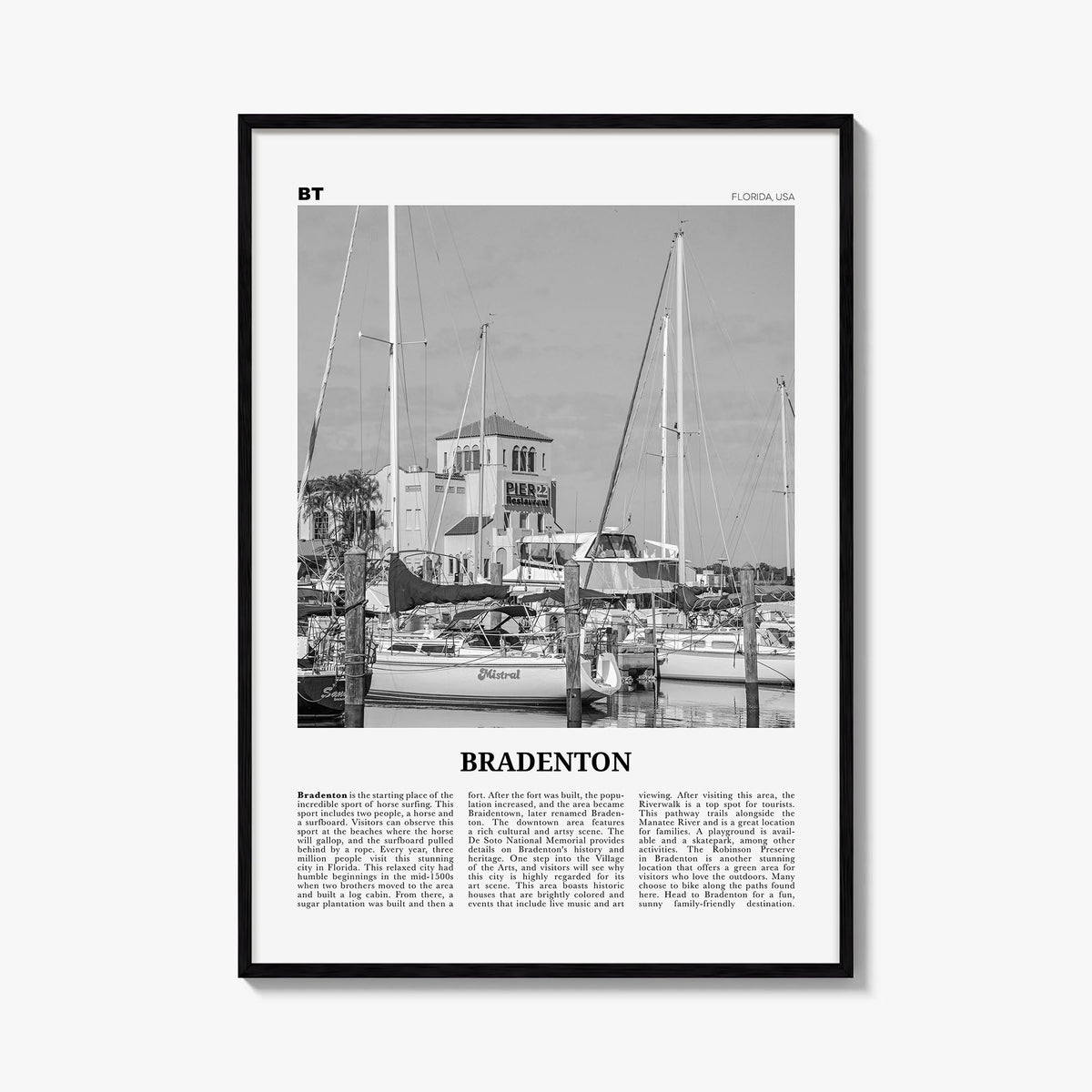 Bradenton black & white newspaper poster of Florida, USA – vertical wall art, unframed print shown in interior mockup