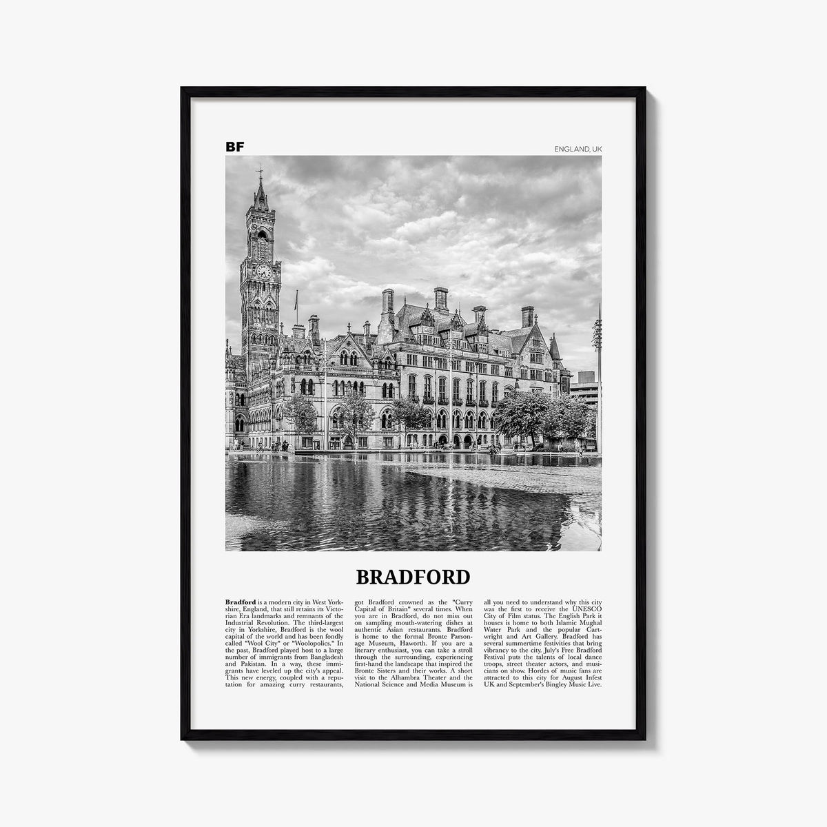Bradford black & white newspaper poster of England, UK – vertical wall art, unframed print shown in interior mockup