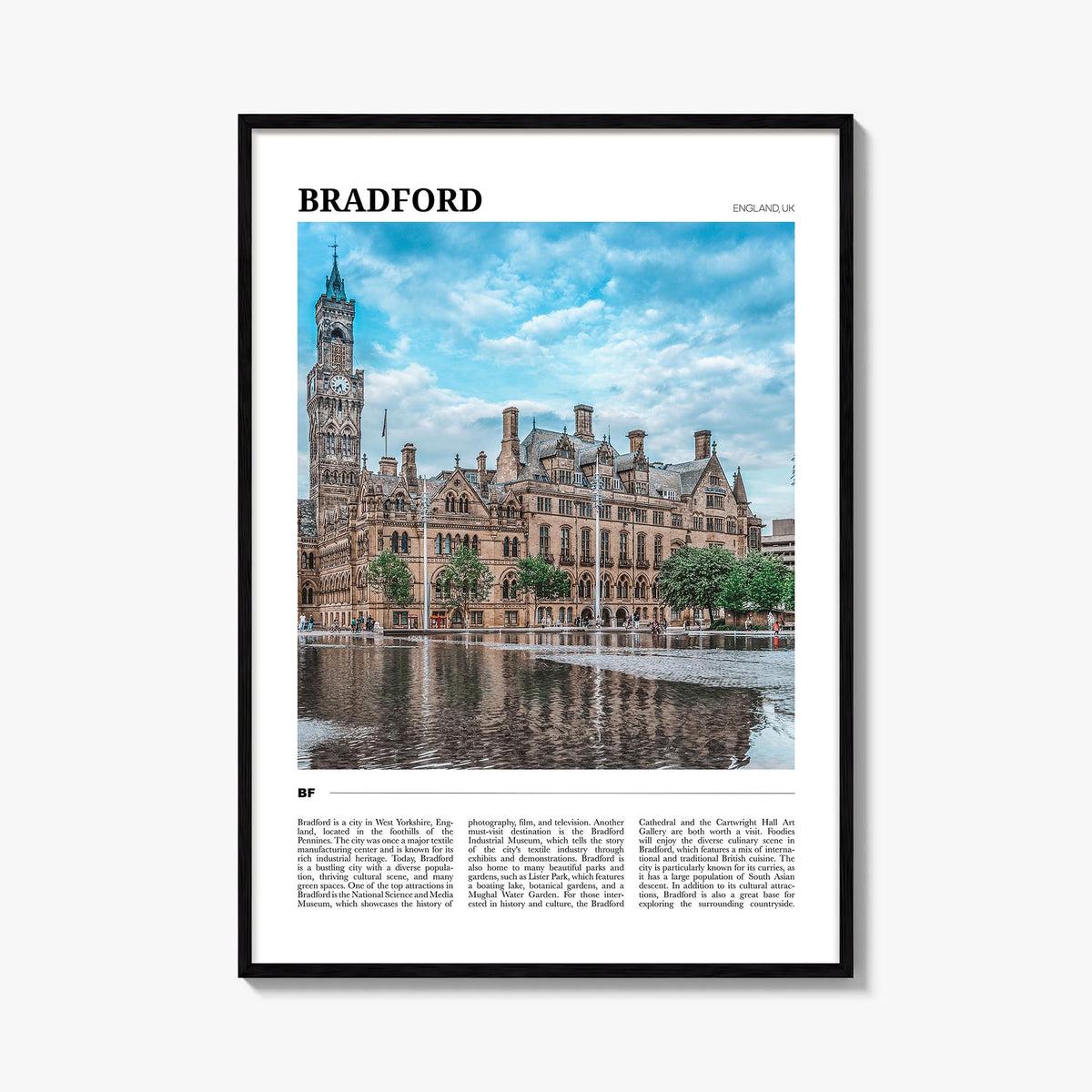 Bradford colorful travel poster of England, UK – vertical wall art, unframed print shown in interior mockup