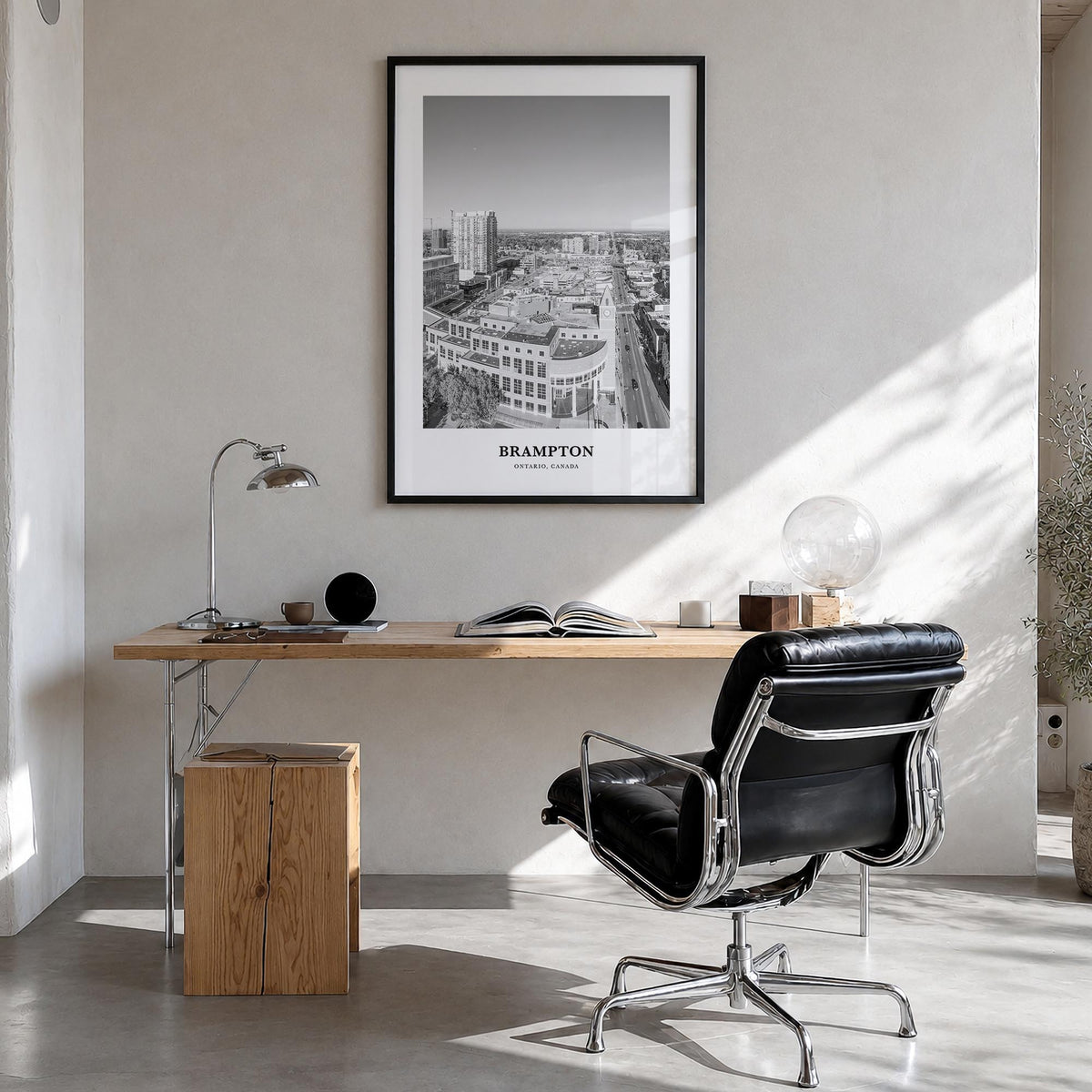 Brampton black & white classic poster of Canada – vertical wall art in black wood frame, hanging on wall