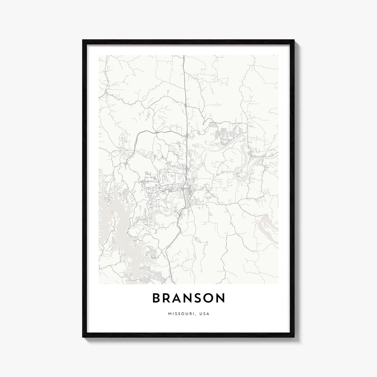 Branson black & white map poster of Missouri, USA – vertical wall art, unframed print shown in interior mockup