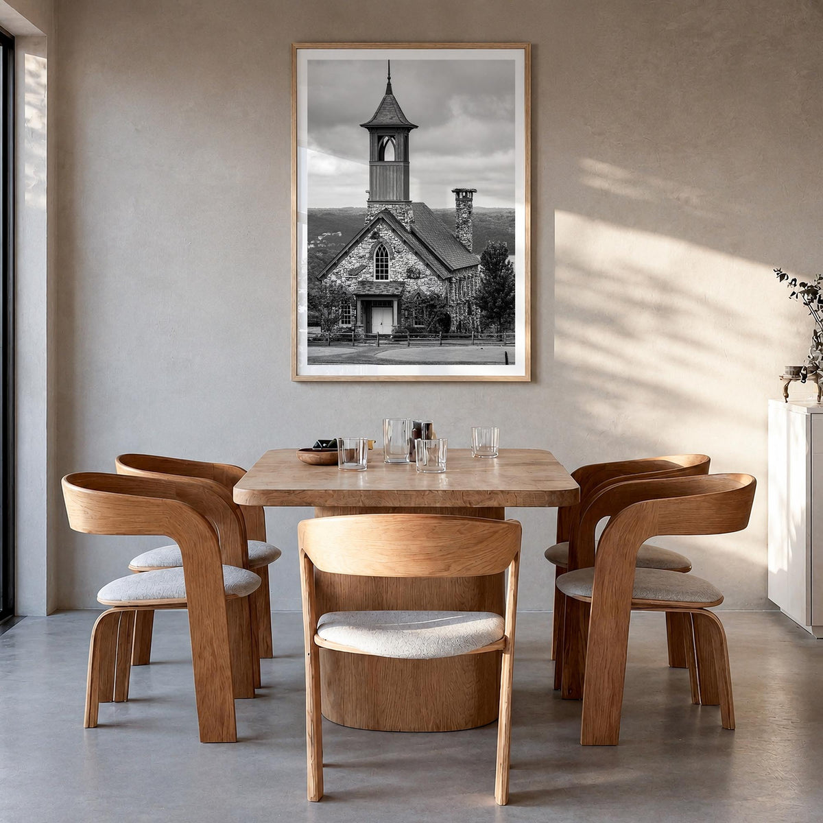 Branson black & white photo poster of Missouri, USA – vertical wall art in natural wood frame with white border, hanging on w