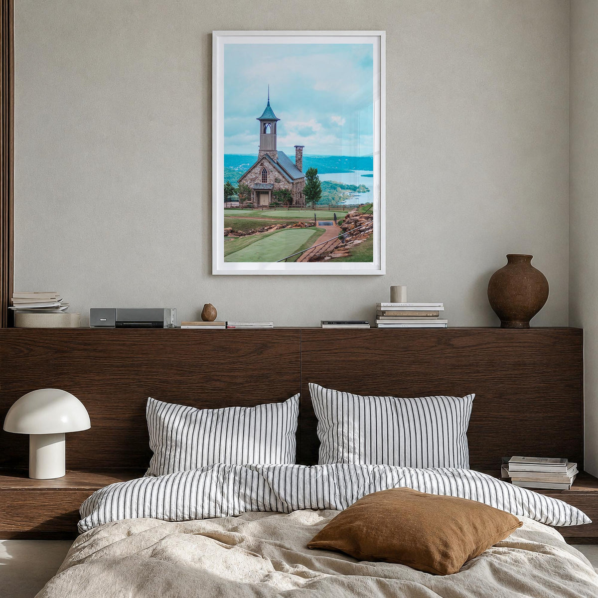 Branson colorful photo poster of Missouri, USA – vertical wall art in white wood frame with white border, hanging on wall