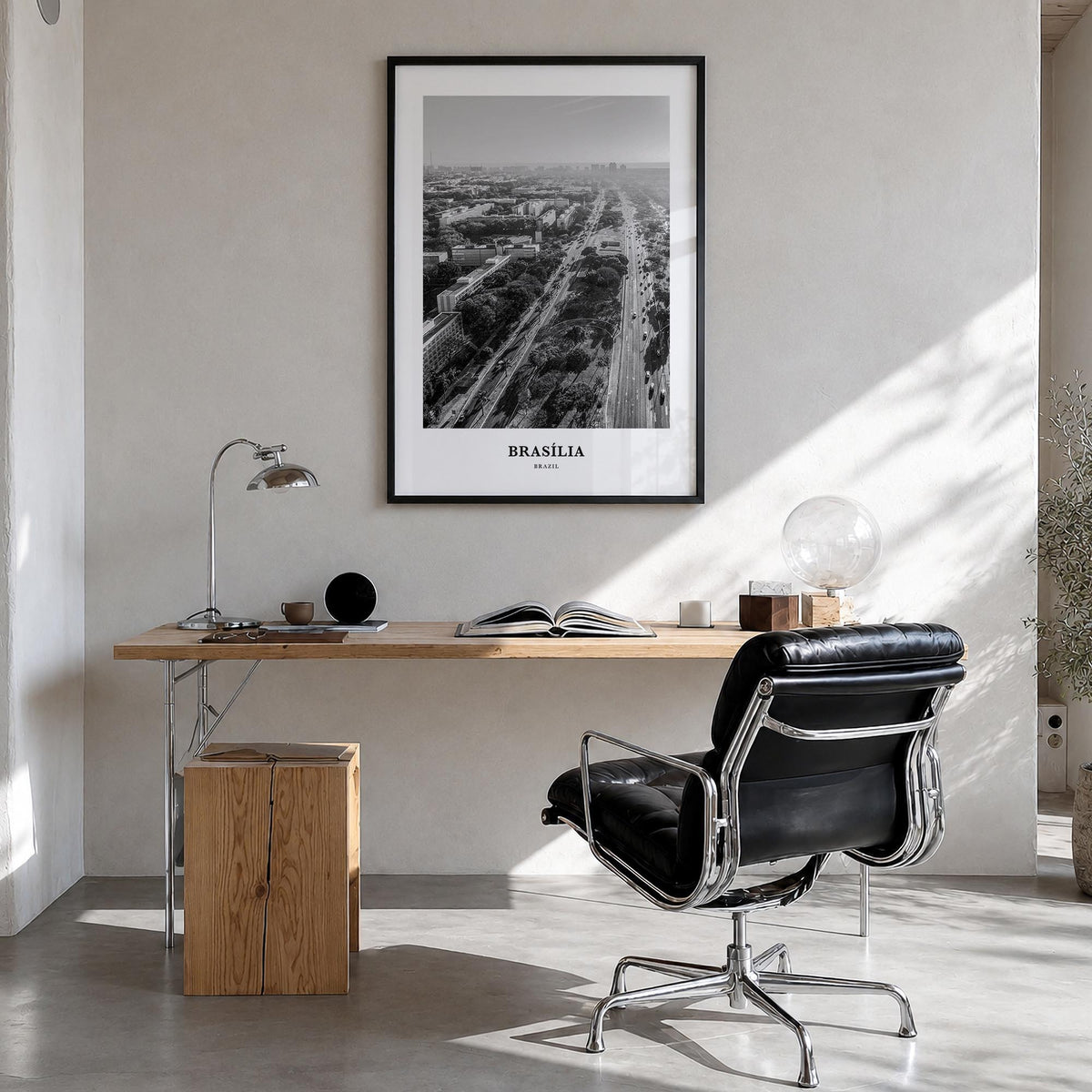 Brasília no. 1 black & white classic poster of Brazil – vertical wall art in black wood frame, hanging on wall