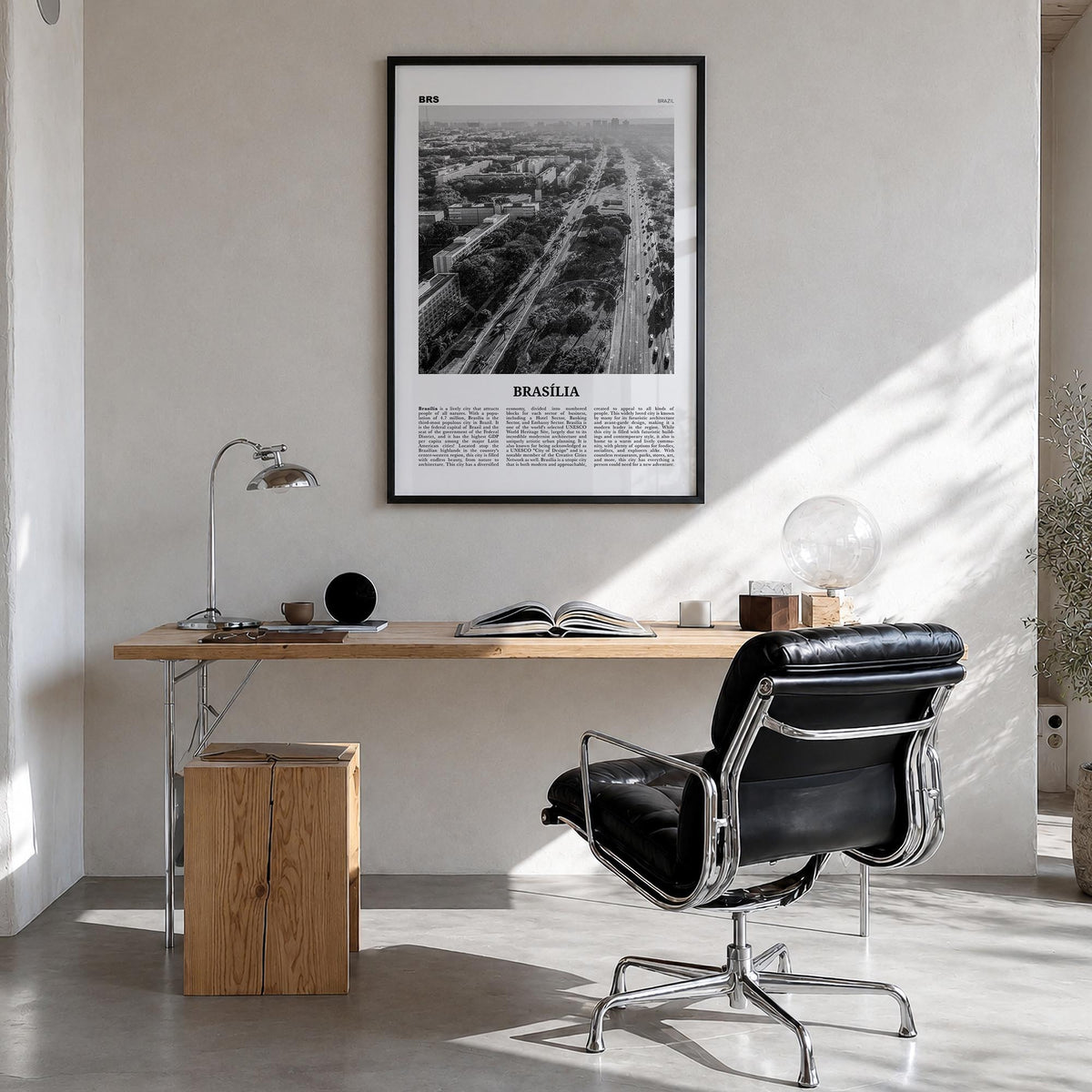 Brasília no. 1 black & white newspaper poster of Brazil – vertical wall art in black wood frame, hanging on wall
