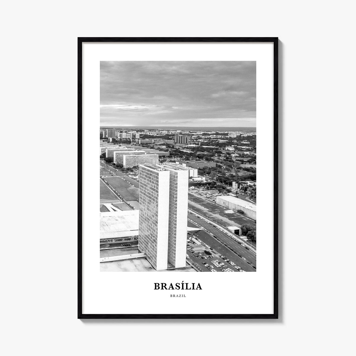 Brasília no. 2 black & white classic poster of Brazil – vertical wall art, unframed print shown in interior mockup