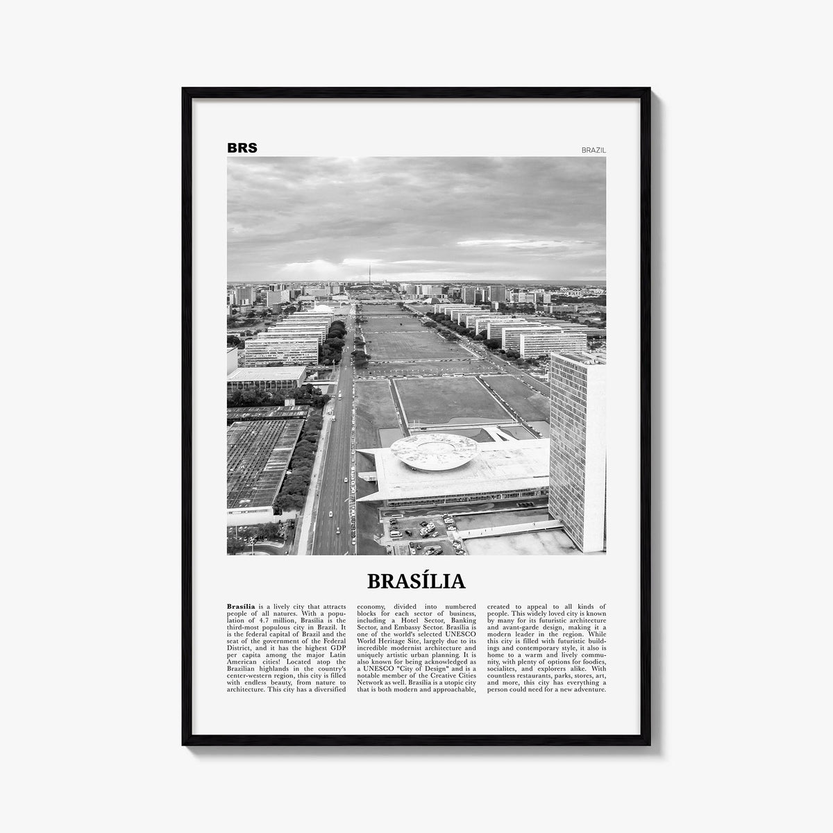 Brasília no. 2 black & white newspaper poster of Brazil – vertical wall art, unframed print shown in interior mockup