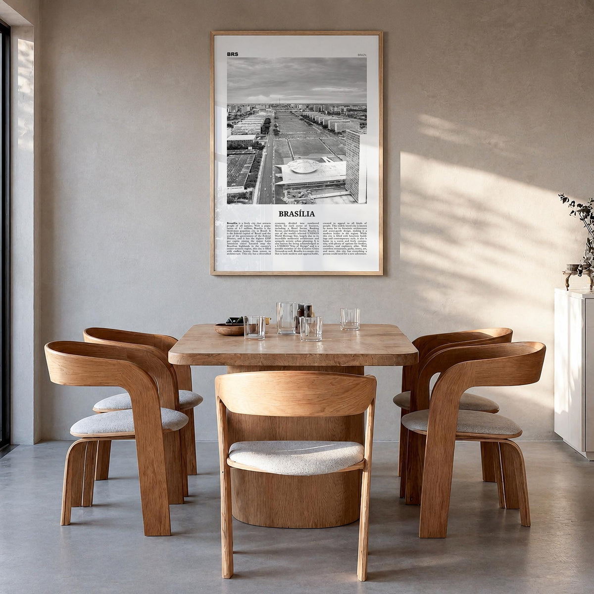 Brasília no. 2 black & white newspaper poster of Brazil – vertical wall art in natural wood frame, hanging on wall