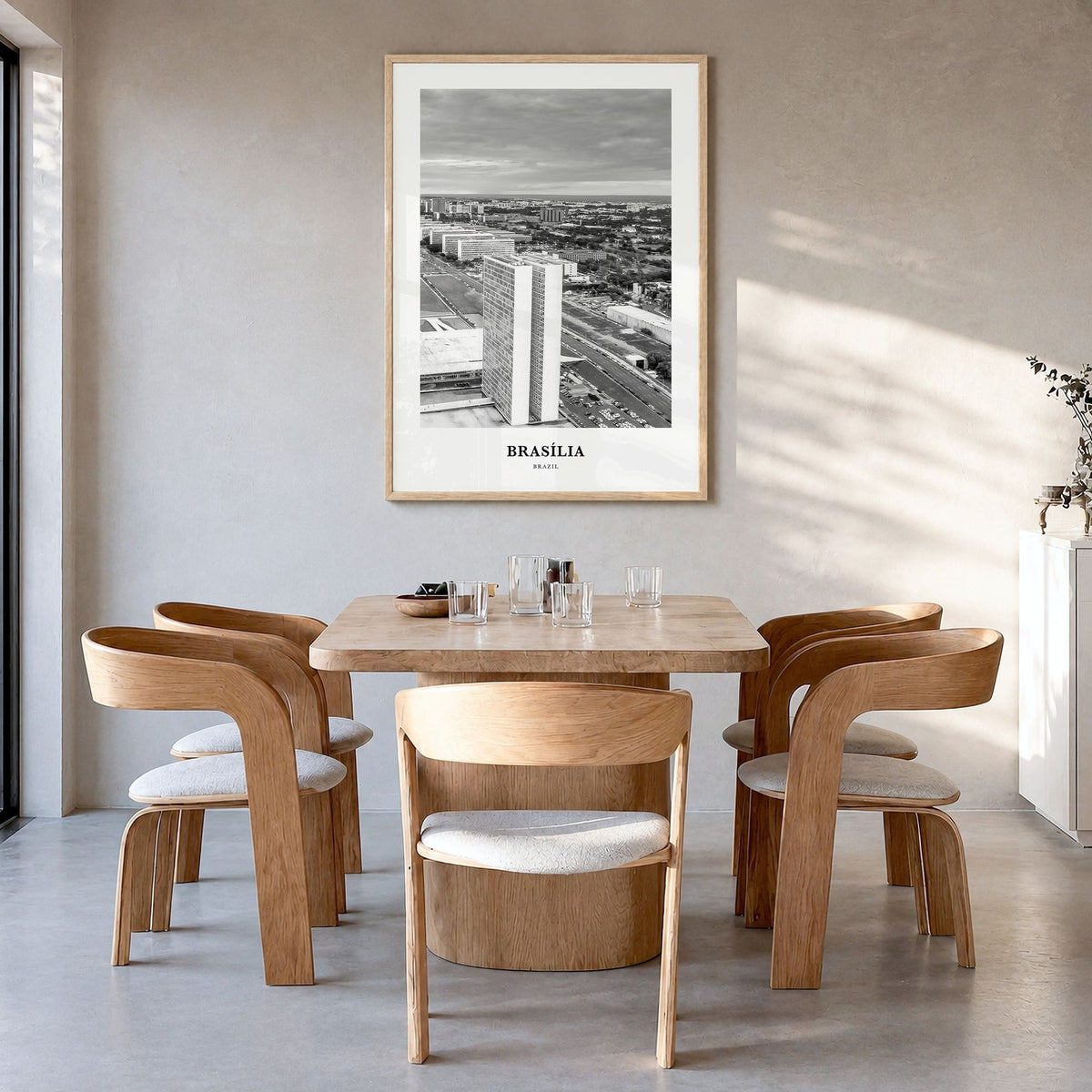 Brasília Classic No 2 Poster in a natural wood frame, hanging in a dining room