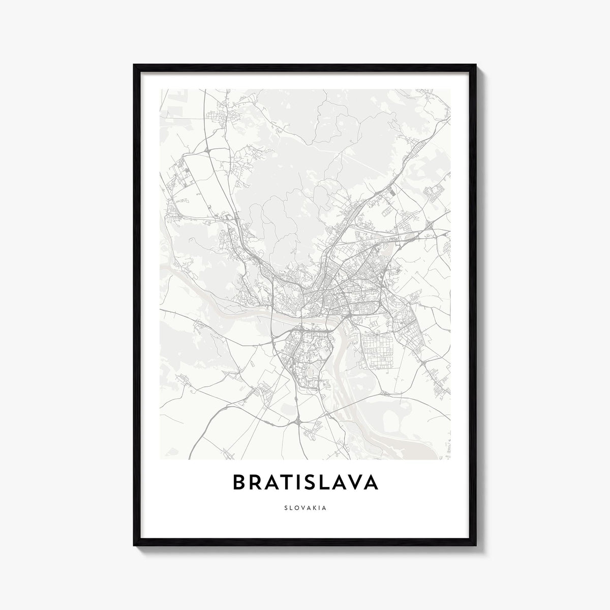 Bratislava black & white map poster of Slovakia – vertical wall art, unframed print shown in interior mockup