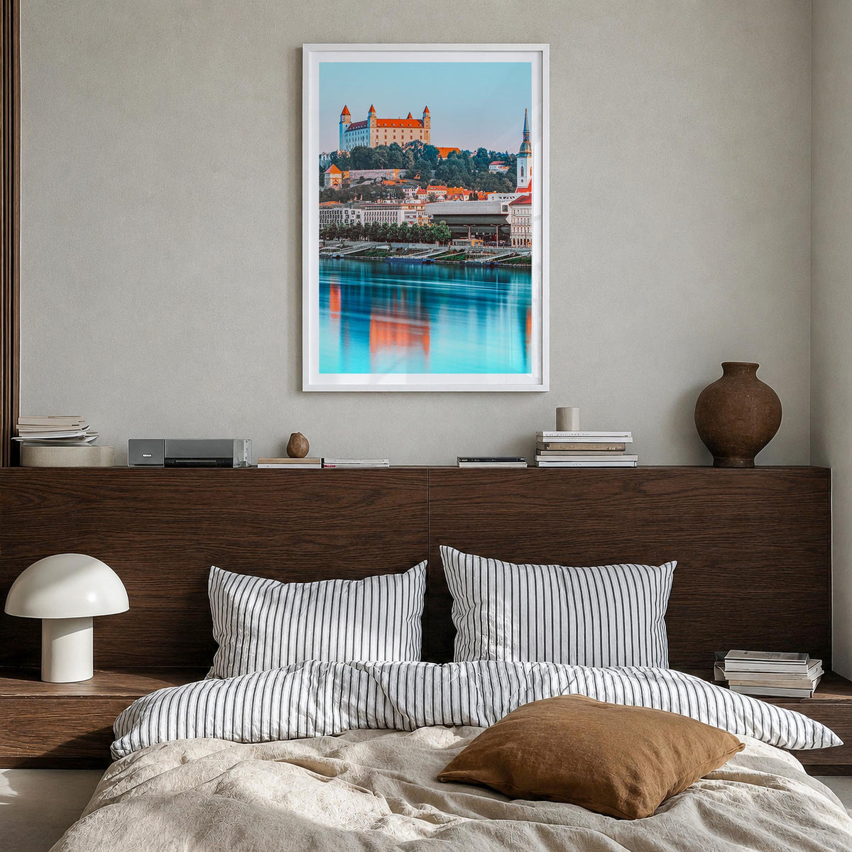 Bratislava colorful photo poster of Slovakia – vertical wall art in white wood frame with white border, hanging on wall