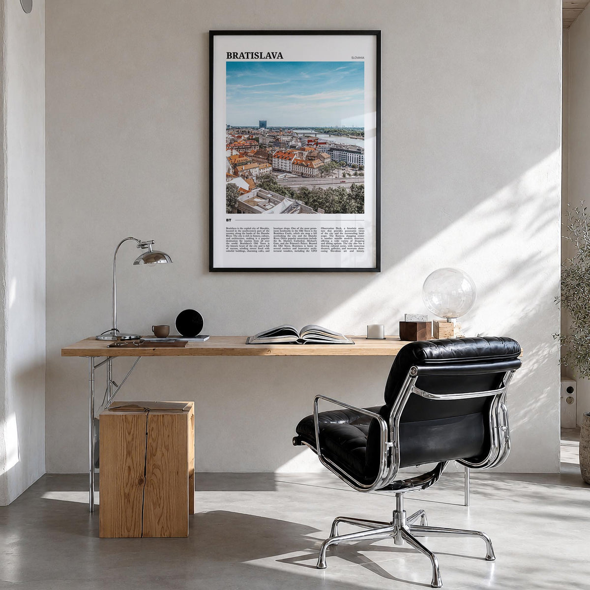 Bratislava colorful travel poster of Slovakia – vertical wall art in black wood frame, hanging on wall