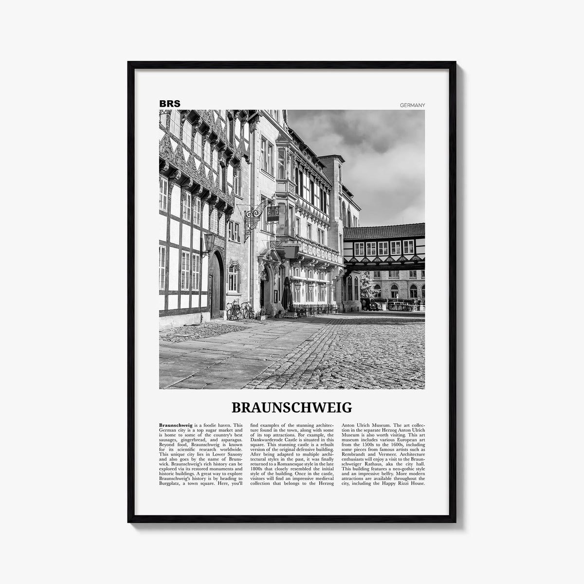 Braunschweig black & white newspaper poster of Germany – vertical wall art, unframed print shown in interior mockup