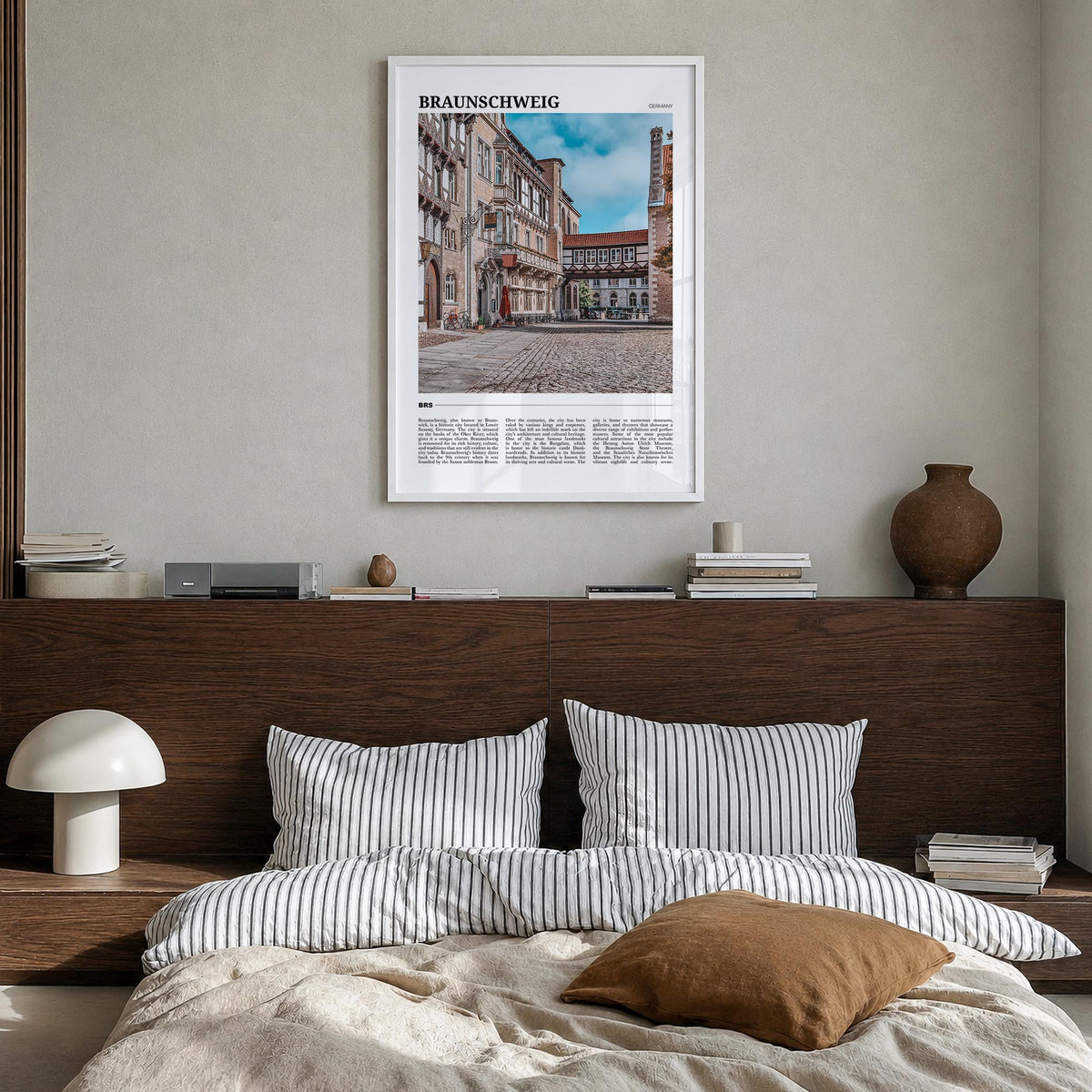 Braunschweig colorful travel poster of Germany – vertical wall art in white wood frame, hanging on wall
