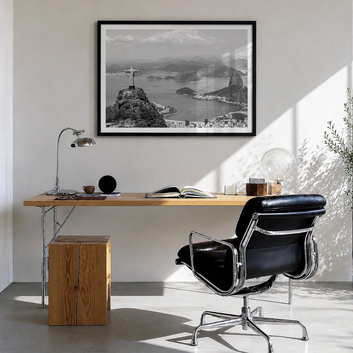 Brazil black & white photo poster of South America – horizontal wall art in black wood frame with white border, hanging on wa