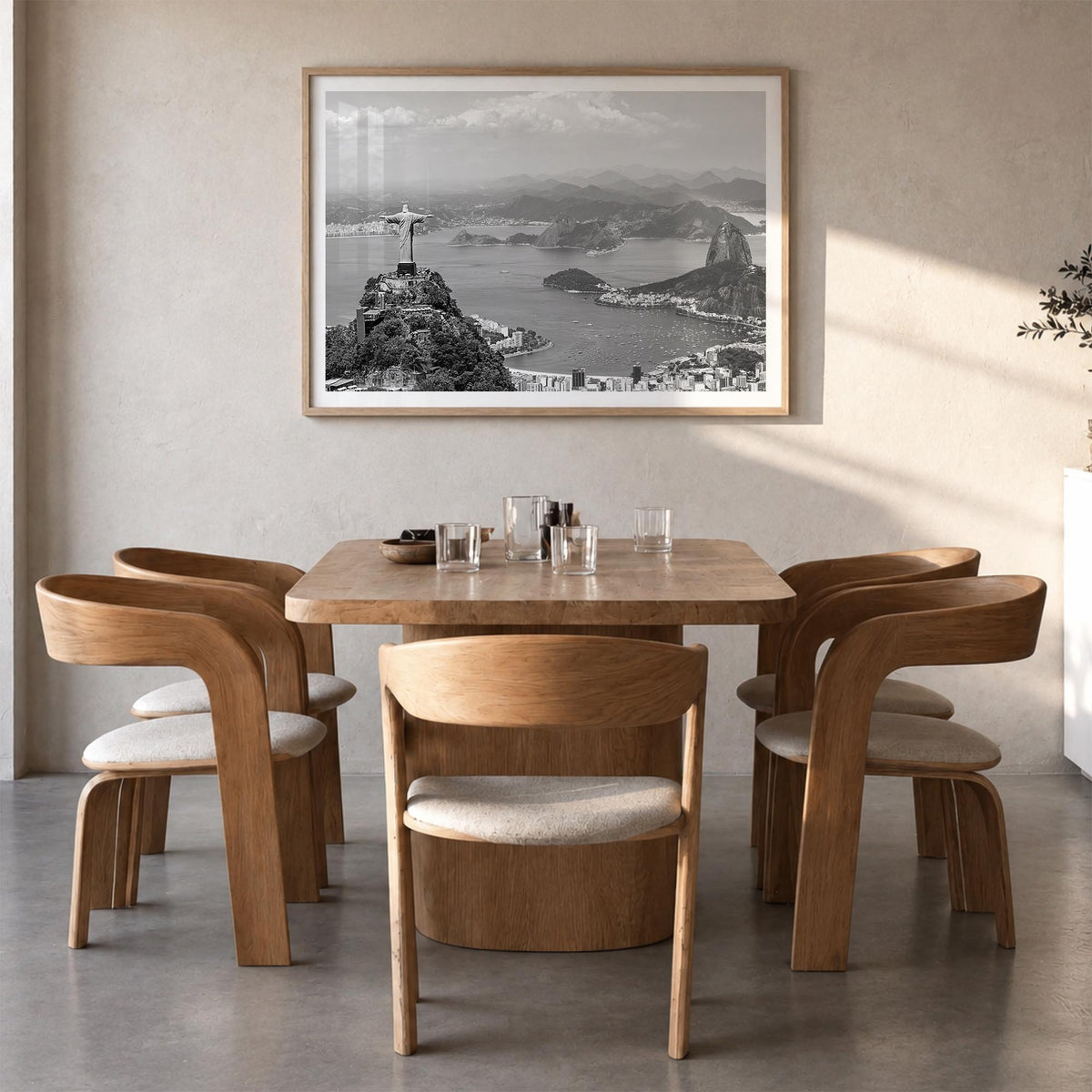 Brazil black & white photo poster of South America – horizontal wall art in natural wood frame with white border, hanging on