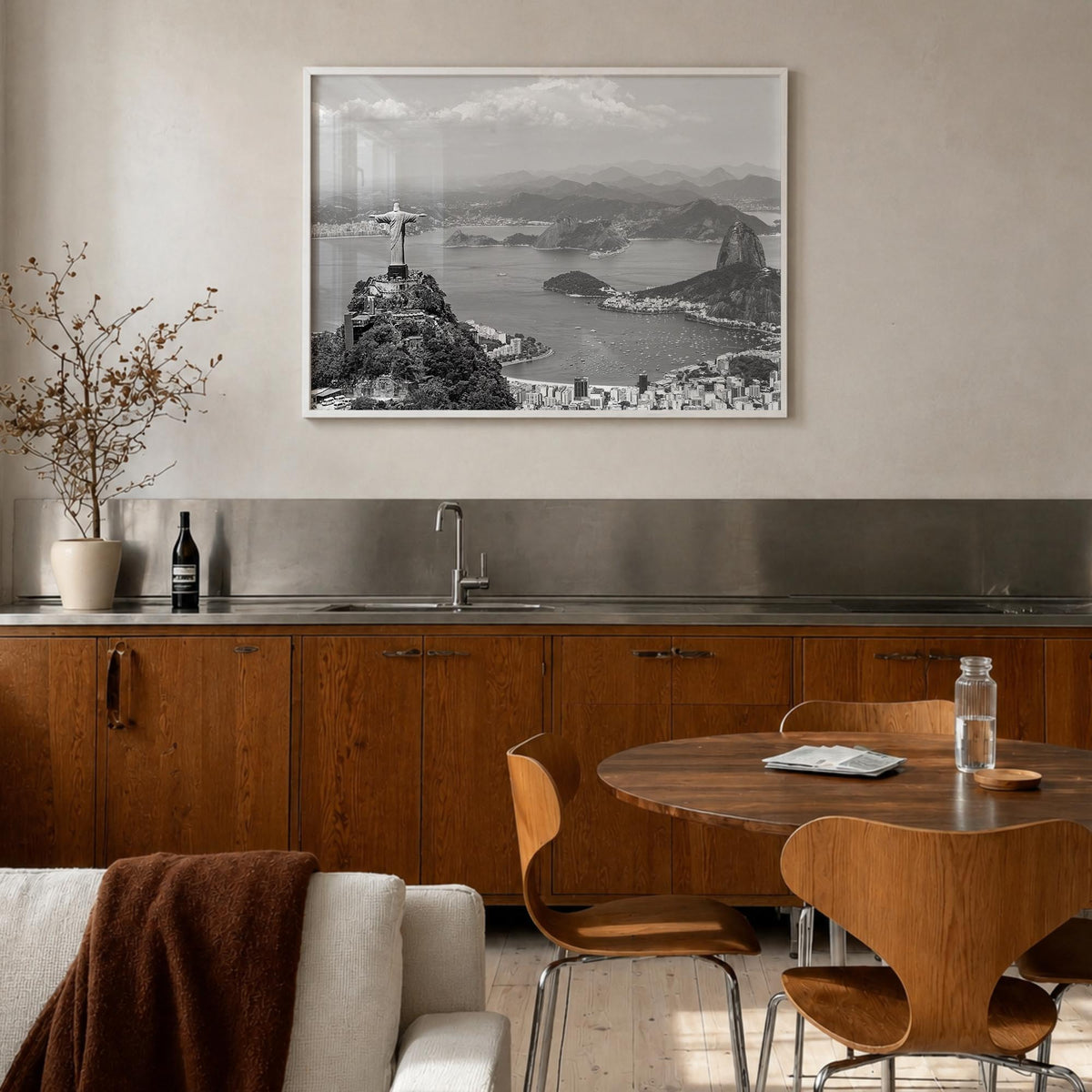 Brazil black & white photo poster of South America – horizontal wall art in white wood frame, hanging on wall