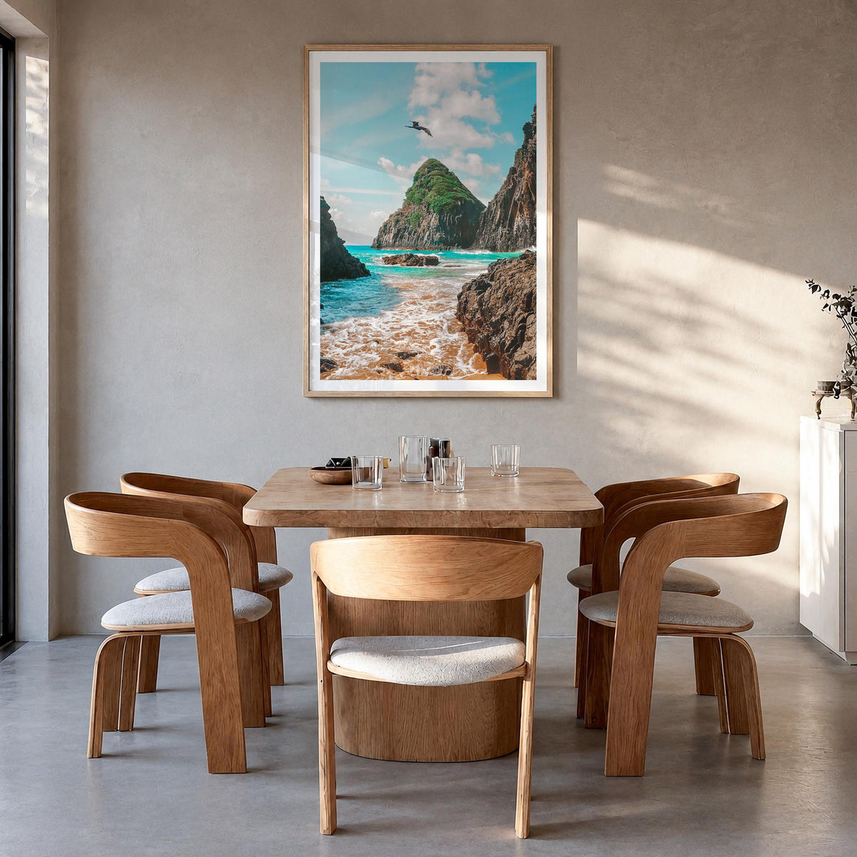Brazil colorful photo poster of South America – vertical wall art in natural wood frame with white border, hanging on wall