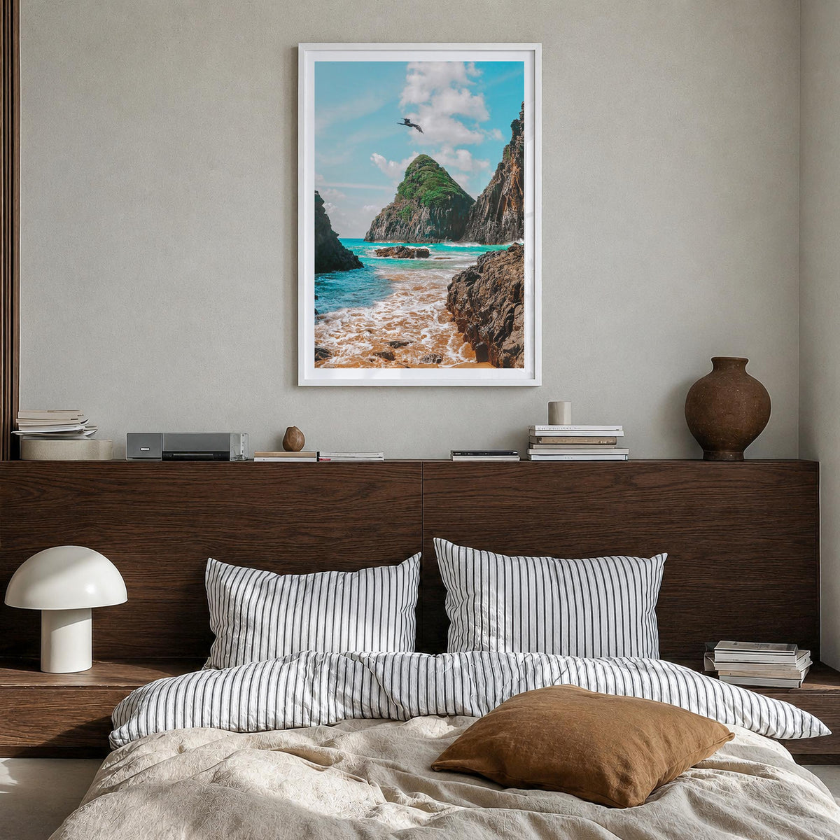 Brazil colorful photo poster of South America – vertical wall art in white wood frame with white border, hanging on wall