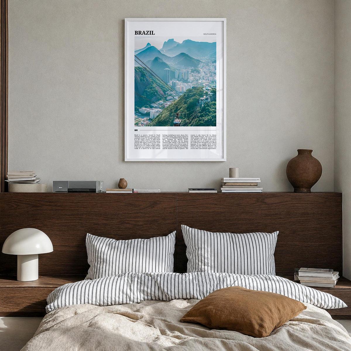 Brazil no. 1 colorful travel poster of South America – vertical wall art in white wood frame, hanging on wall