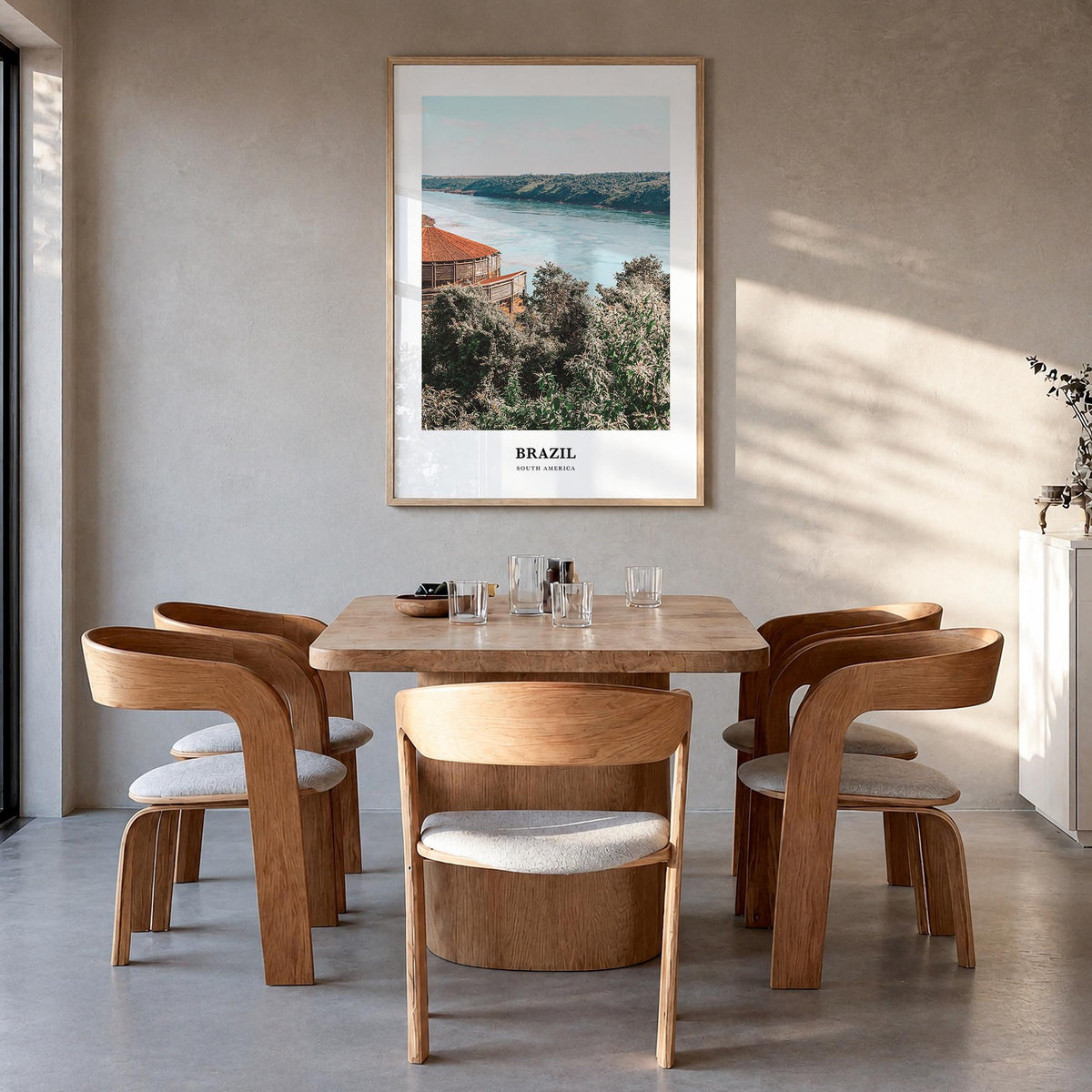 Brazil no. 2 colorful classic poster of South America – vertical wall art in natural wood frame, hanging on wall