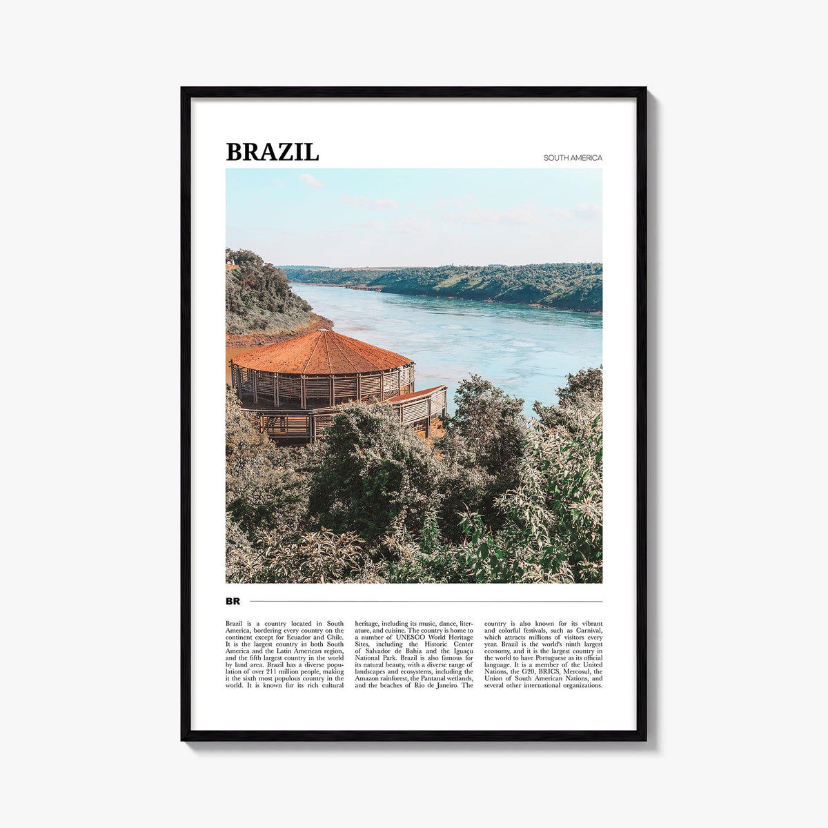 Brazil no. 2 colorful travel poster of South America – vertical wall art, unframed print shown in interior mockup
